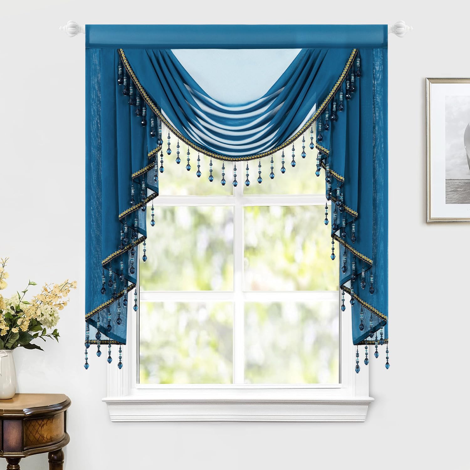 VOGOL Deep Blue Voile Swag Valance with Beaded Trims 100×56cm, 1 Panel