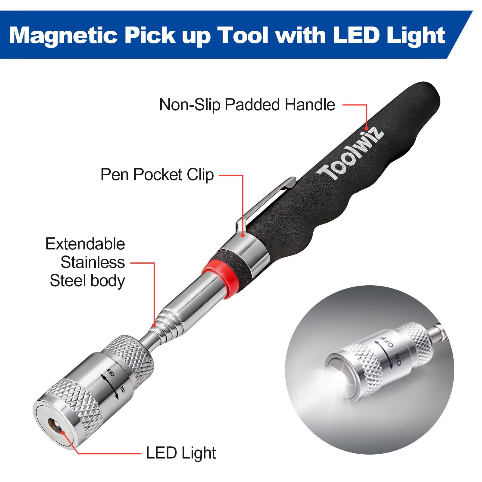 Toolwiz Balai magnétique roulant de 38,1 cm, 4,5 kg, avec outils de ramassage magnétiques télescopiques de 3,6 kg avec lumière LED – Support télescopique pour ramasser les ongles Balayeuse magnétique