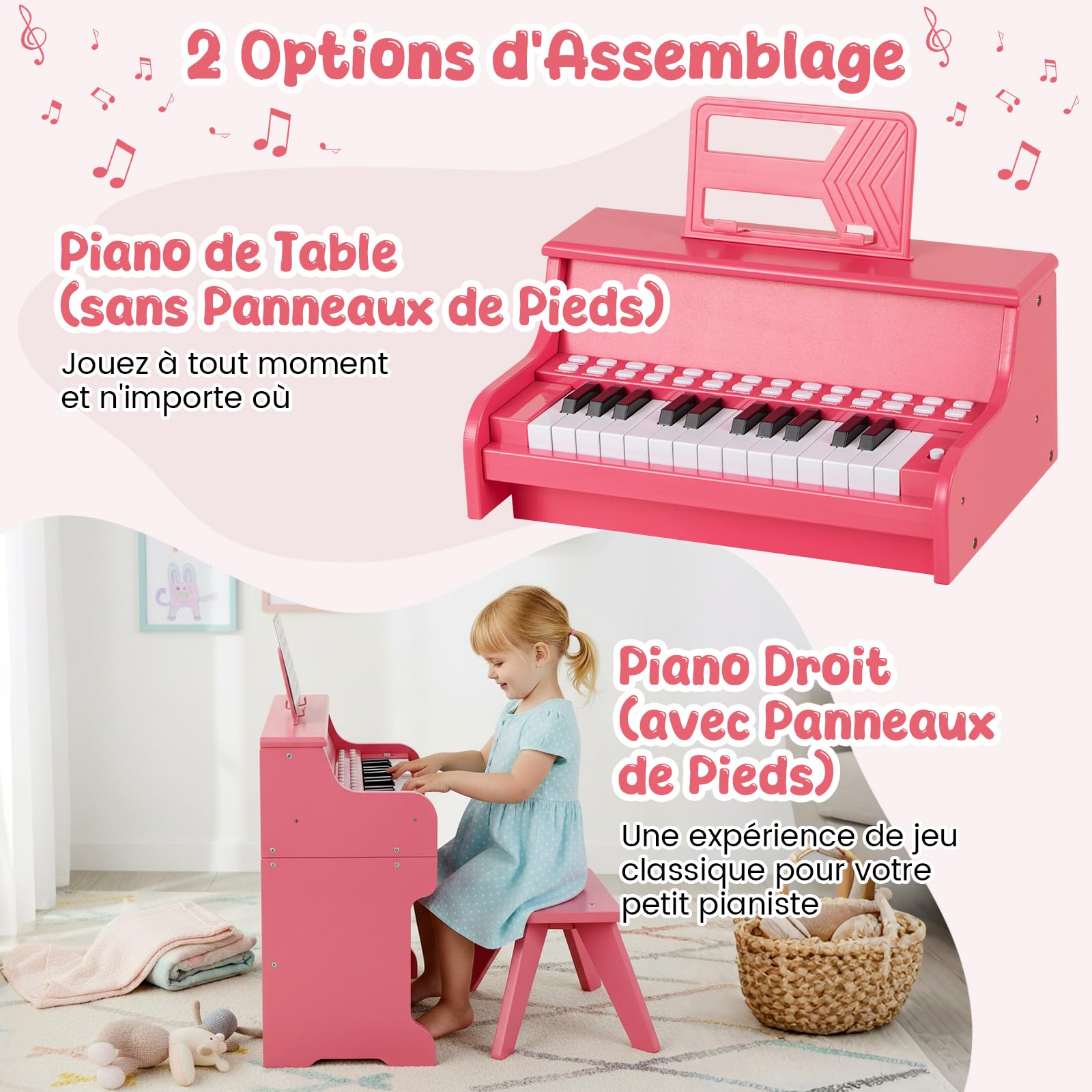 DREAMADE Clavier de Piano 25 Touches pour Enfants, Mini Piano Numérique avec Tabouret, Vitesse et Volume Réglables, Mode d'Enseignement, Pupitre Amovible (Rose)