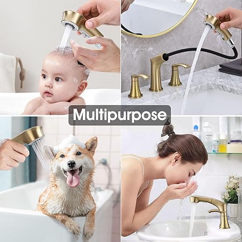 Miniatura 6 de Besfelos Grifo de baño con rociador extraíble, juego central de 4 pulgadas, grifo de fregadero de 3 agujeros, grifo extraíble de 2 manijas para