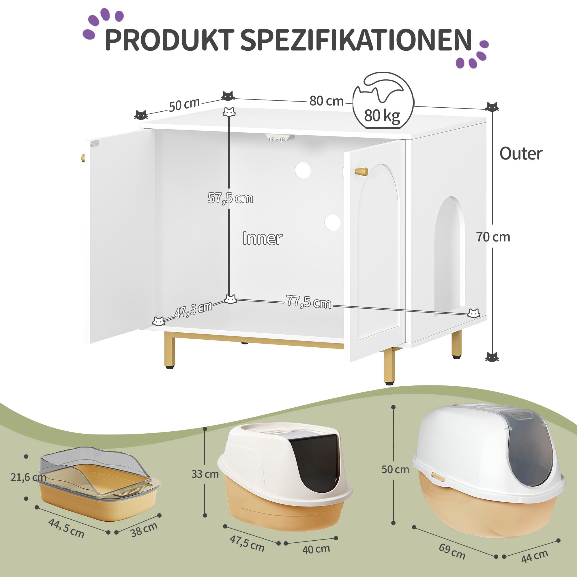 Hzuaneri Katzenschrank, Katzentoilette, Katzenklo Schrank, Katzenhaus mit Tür, Hölzerner Beistelltisch für das Haustierhaus, 80 x 50 x 70 cm, Stabile Katzenschrank, Weiß und Gold CB85003G