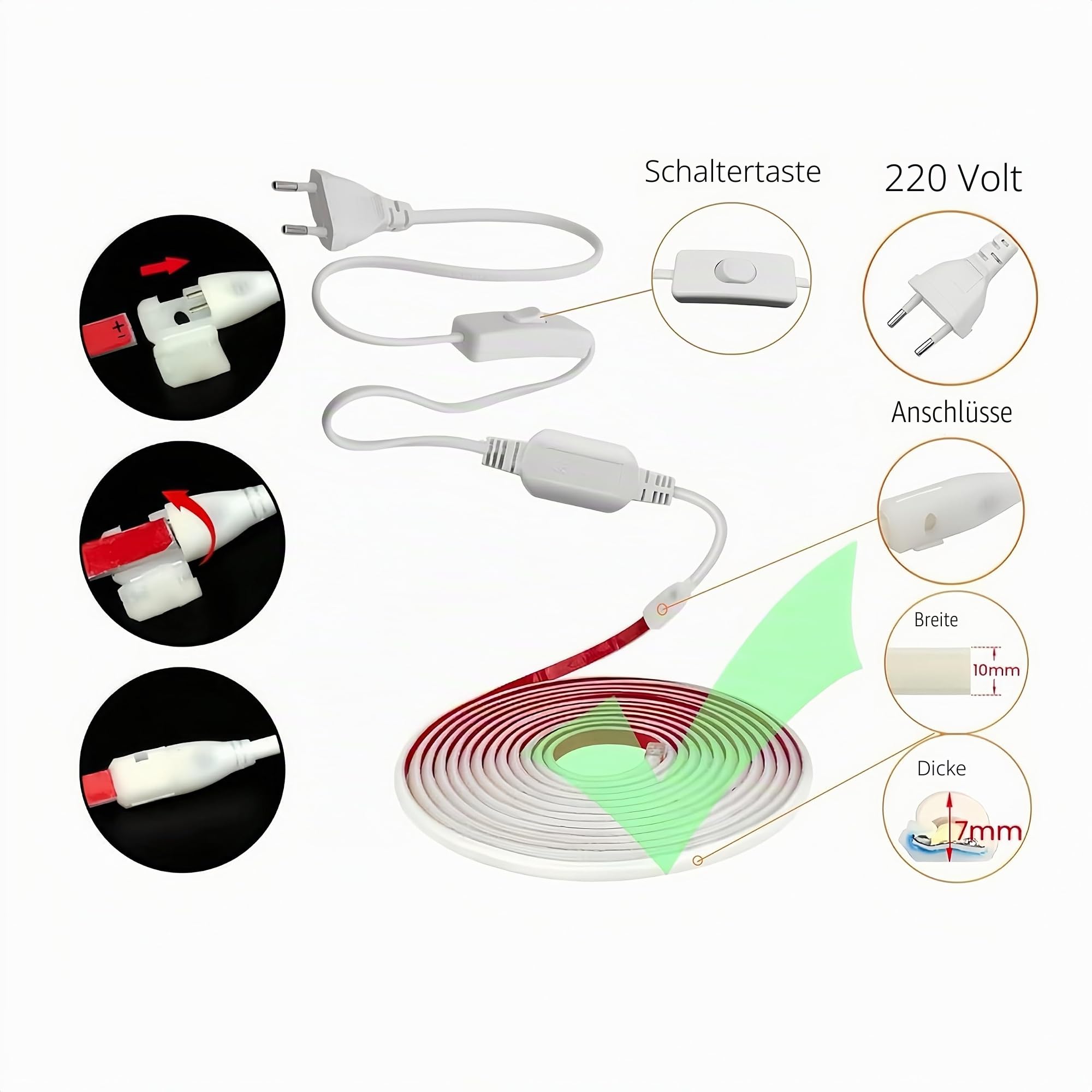 ONSSI Neon LED-Streifen 220V (Warmweiß,10 Meter),12W/m COB-Lichtschlauch mit hoher Helligkeit,jeder Schnitt von 10 cm,IP65 mit Schaltersteckdose und Aufkleber,Neon-LED für den Innen-und Außenbereich