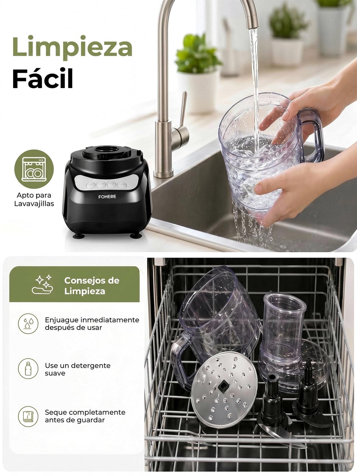 Robot de Cocina 2,3 L, Boca de Alimentación Grande 2 en 1 | Procesador de Alimentos 3 Vel. , Acero Inoxidable, Picar, Rallar, Hacer Puré, Amasar, fácil de limpiar para uso doméstic