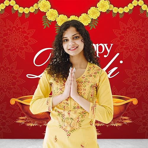 Miniatura 3 de 7X5FT Happy Diwali fotografía fondos fondo rojo amarillo caléndula India aceite lámpara vela ardiente luces fiesta decoración accesorios suministros