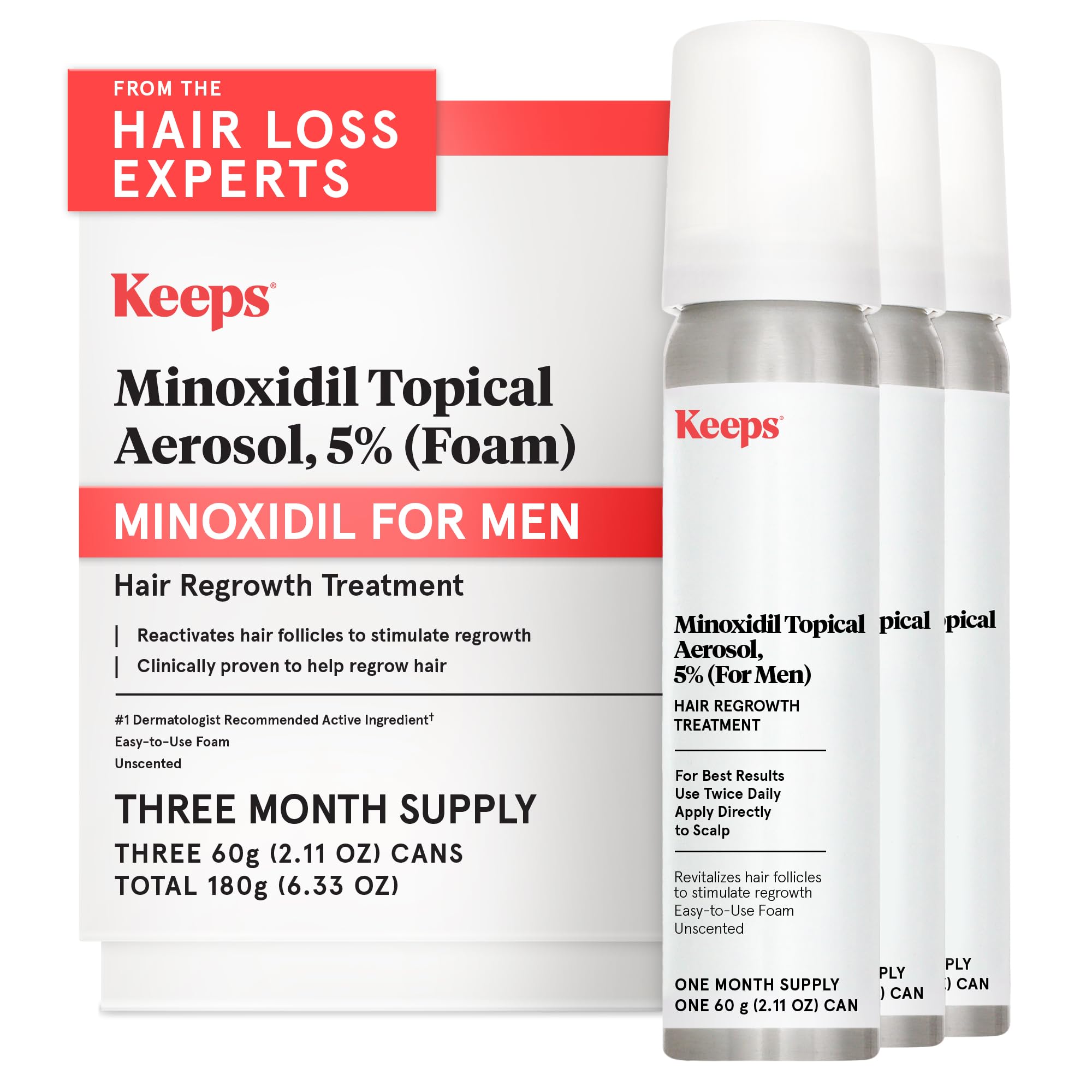 Keeps Extra Strength Minoxidil for Men - 5% Minoxidil Foam Hair Loss & Regrowth Treatment for Thinning & Bald Spots - Clinically Proven Hair Growth Products - Unscented Topical Aerosol Foam