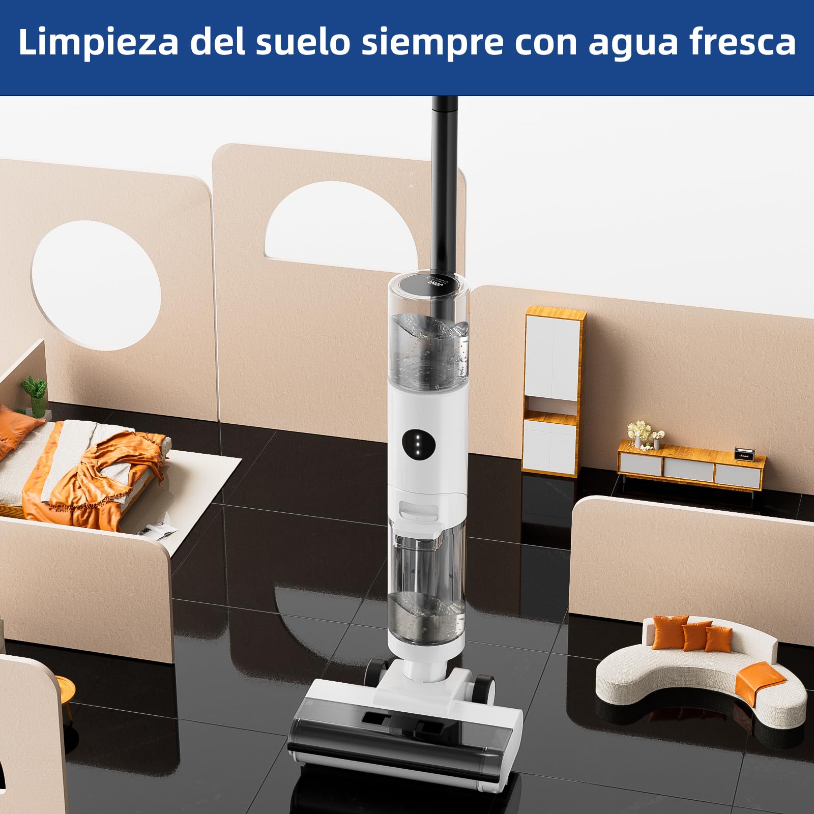 JONR ED12 Aspirador en Seco y Húmedo, Aspirador y Mopa 4 en 1 sin Cable, Cepillo Limpiador de Bordes, Función de Autolimpieza, Autonomía 30 Min, para Suelos Duros y Pelo de Mascota.