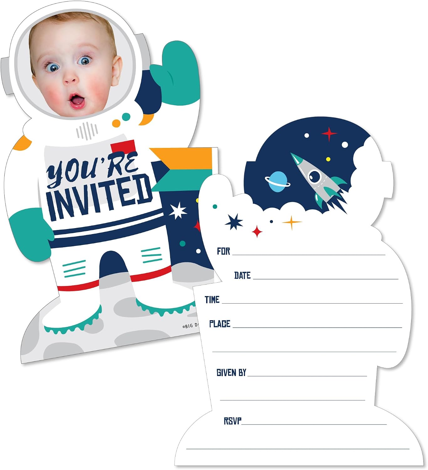 Big Dot of Happiness Custom Photo Blast Off to Outer Space - Fun Face Shaped Fill-In Invitation Cards with Envelopes - Set of 12