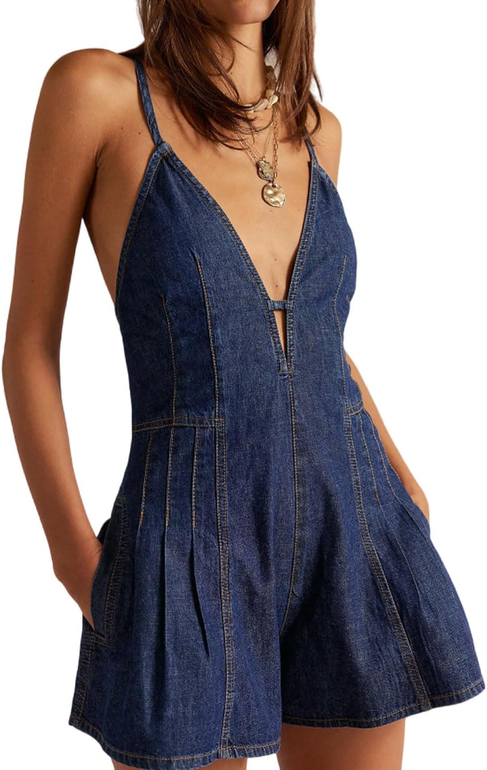 yoeasy Women's Sleeveless Deep V Neck Shorts Denim Romper Spaghetti Strap Tie Backless Ruffle Jean Overalls