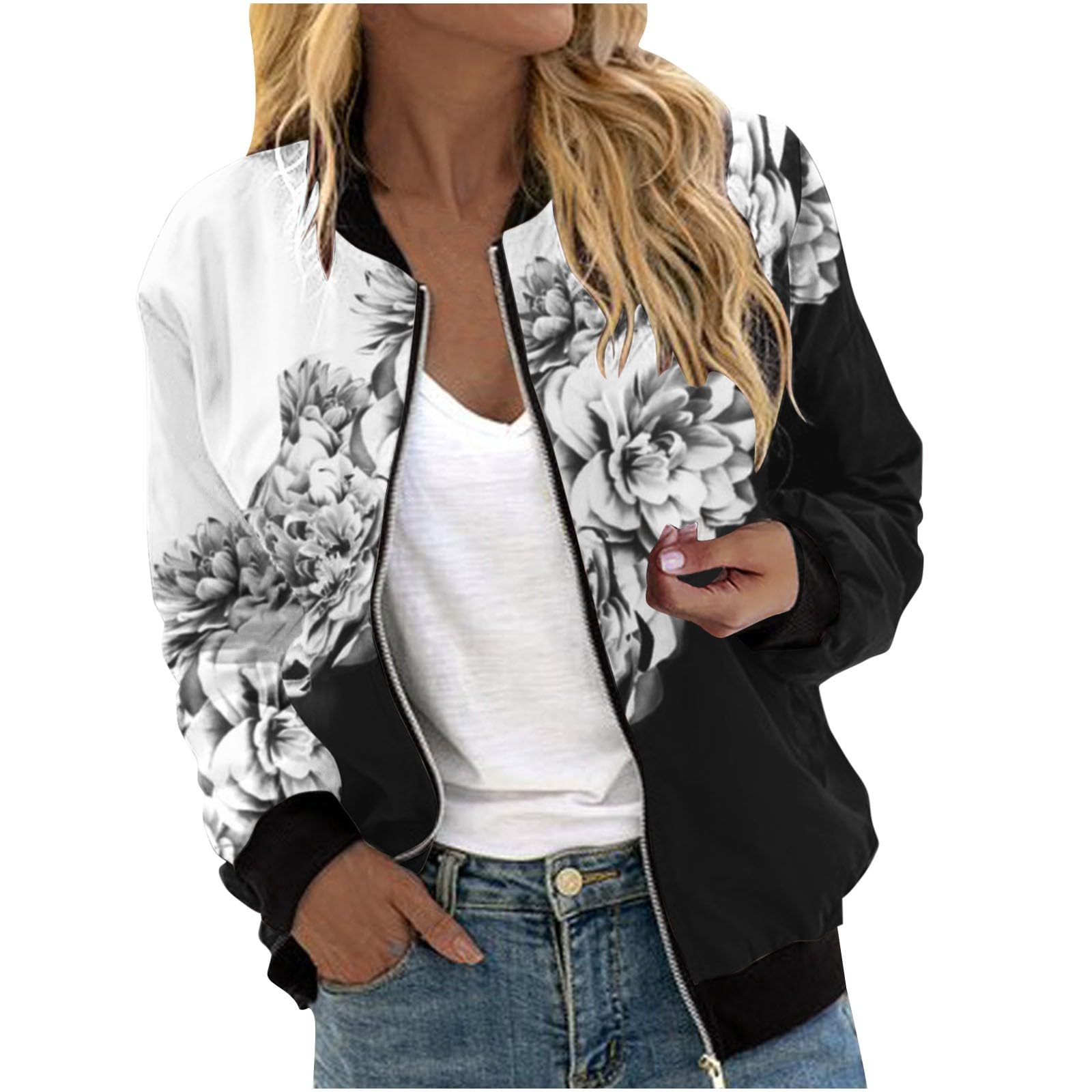 Ybing Autumn Jacket Women's Lightweight Sporty Bomber Jacket Women Fashionable Print Coat Autumn Winter Zip Jacket Girls Short Outwear College Jacket Pilot Jacket Long Sleeve Aviator Jacket, #08