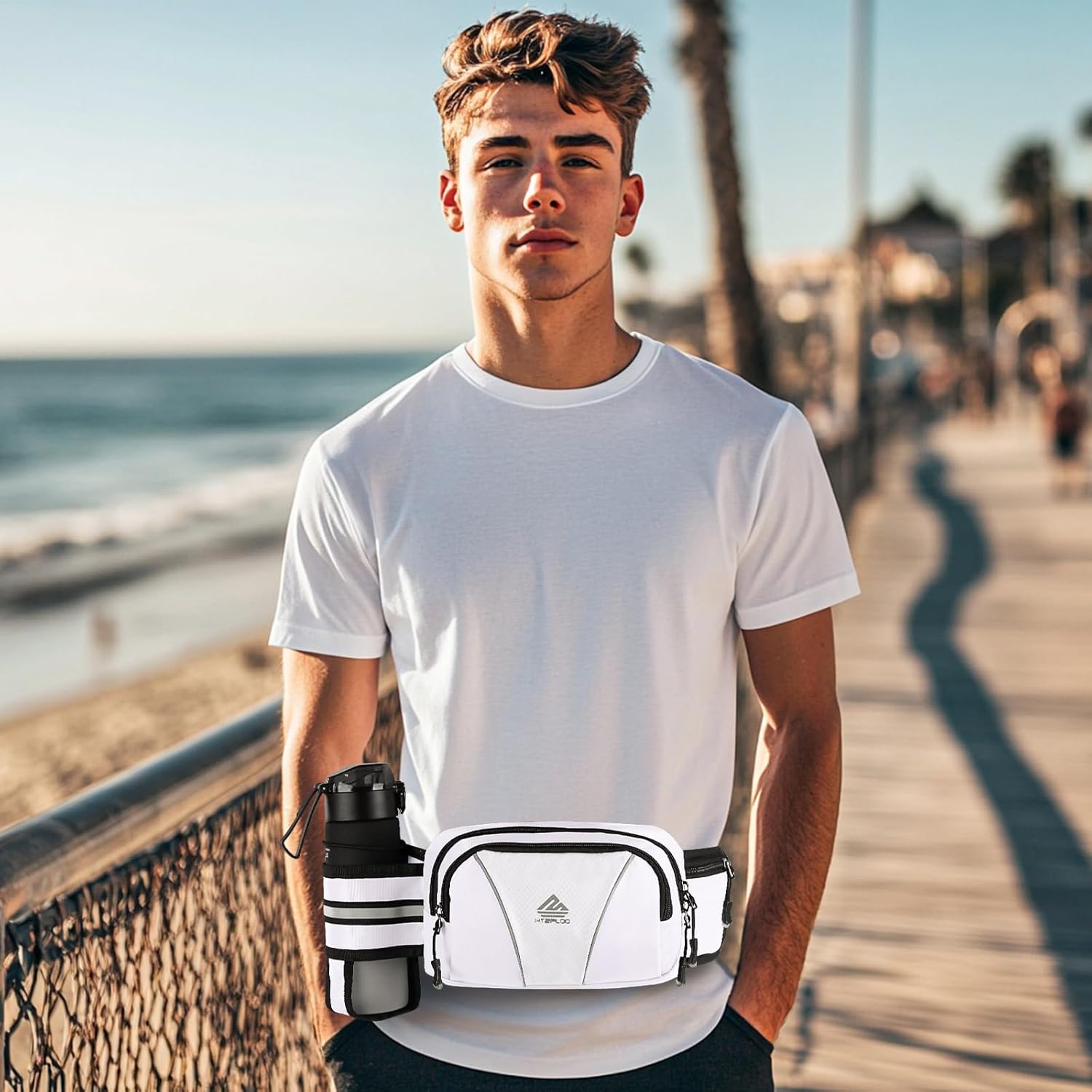 Fanny Pack for Men Women Waist Bag with Water Bottle Holder for Hiking, Travel,Dog Walking, Workout (White) - Image 5