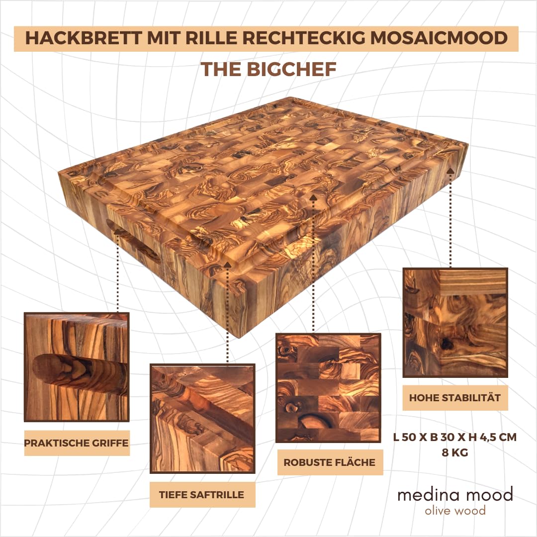 The Bigchef Mosaicmood - Tabla de cortar (rectangular, con surco para jugo, 50 x 30 cm (+/- 1 cm), alta calidad