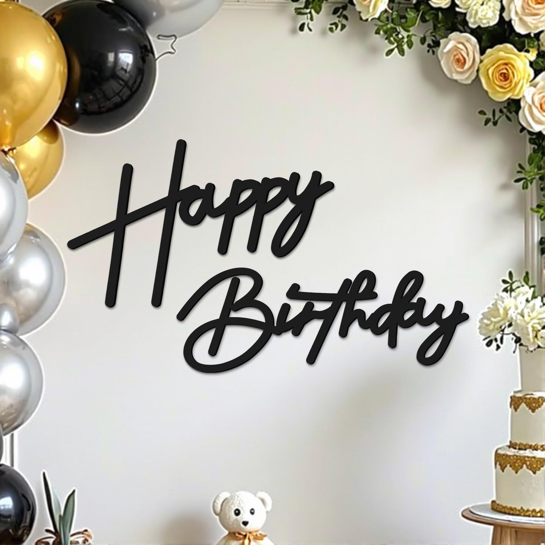 Babenest Black Felt Happy Birthday Sign - Reusable Strong Adhesion Banner for Backdrop, Balloon Arch Decor, Party Supplies for Kids Birthday Party Baby Shower Decorations