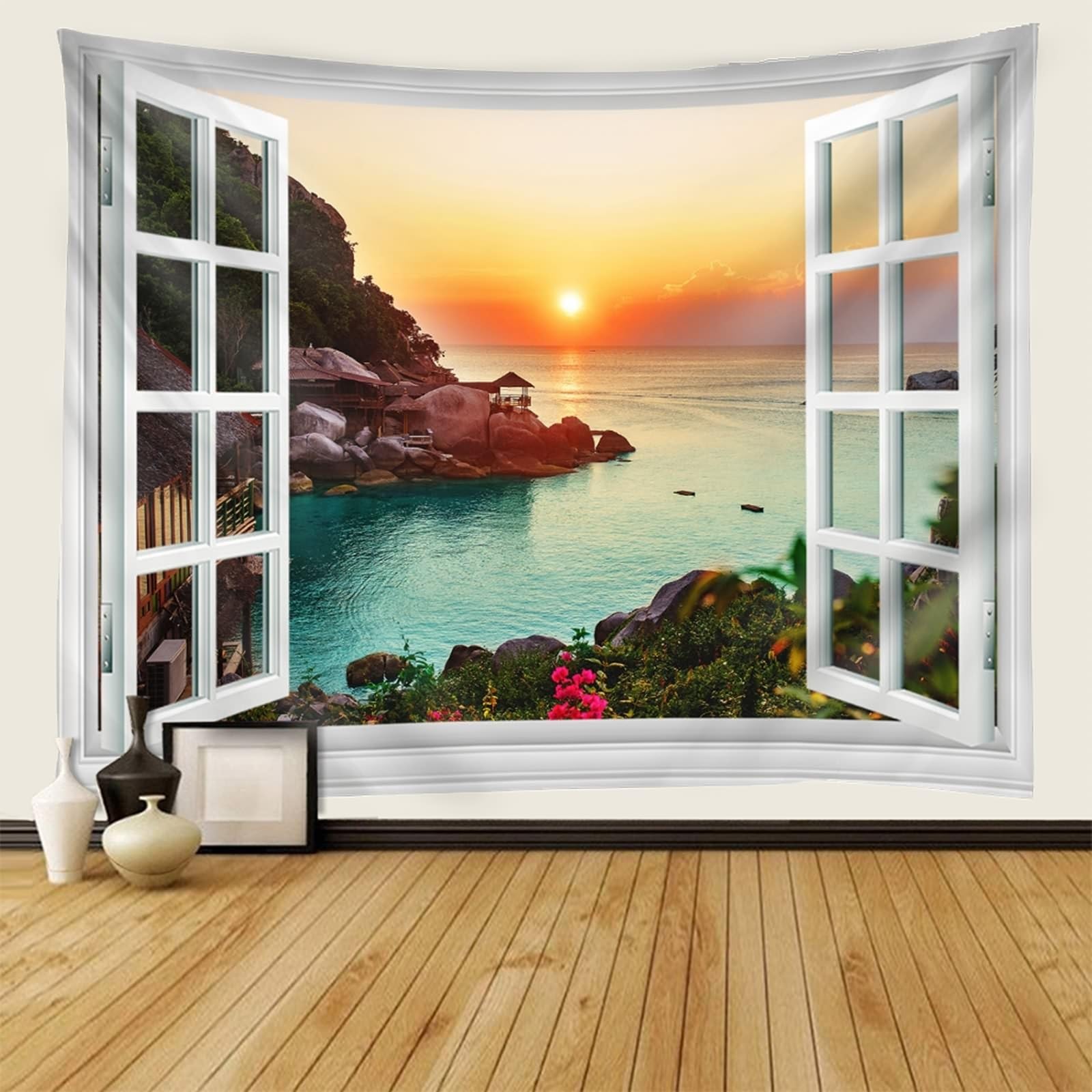 Tapiz de pared Papel pintado verde liso tapiz de pared Ocean Orange Puesta de sol en la playa de la ventana de la playa 200 x 200 cm (Ancho x Alto)