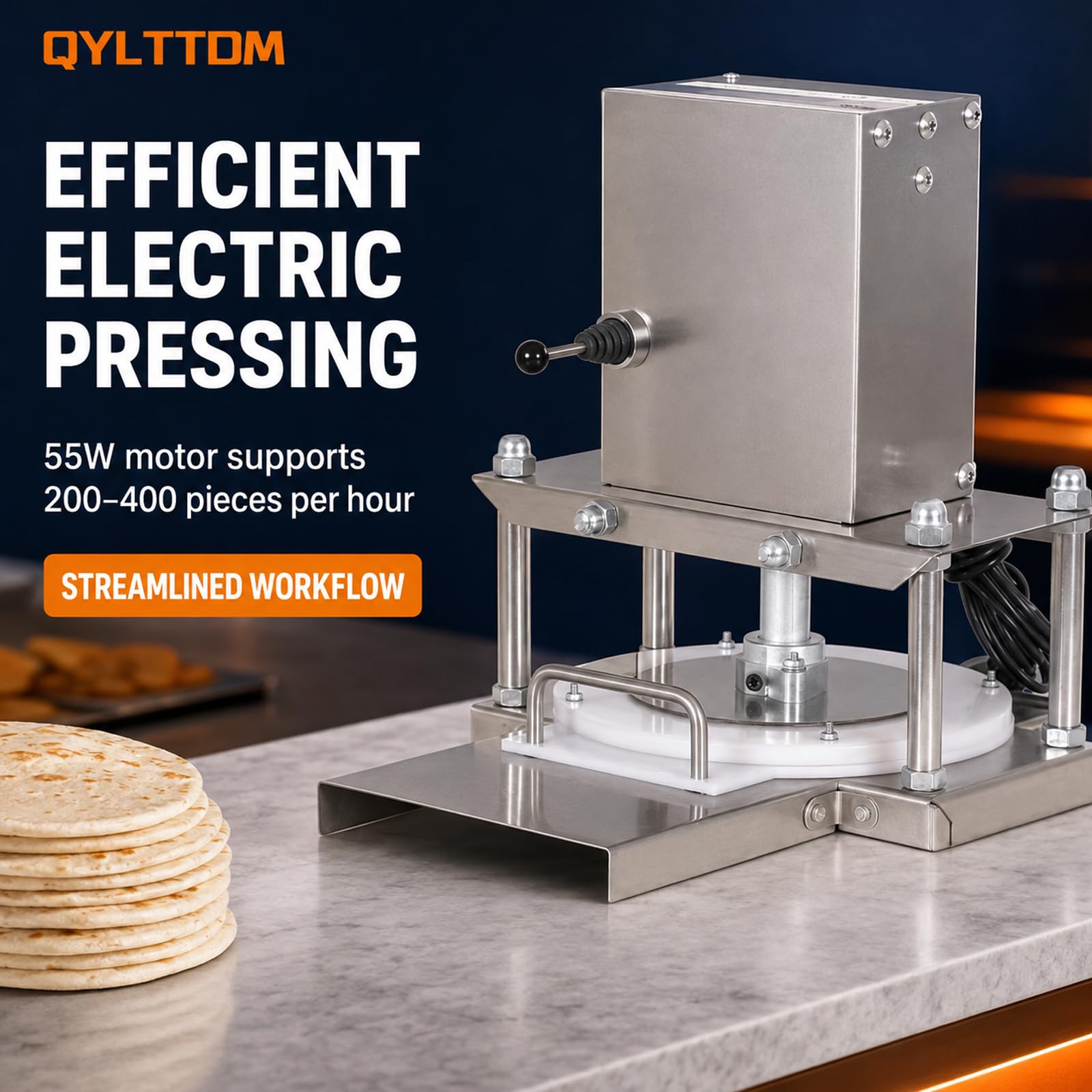 TYH Elektrische Pizzateigpresse, Manuelle Pizzateigpresse Aus Edelstahl, 400 Teigstücke Pro Stunde, Gewerbliche Walzenausrollmaschine Für Pizzaböden Und Hackbraten 25cm