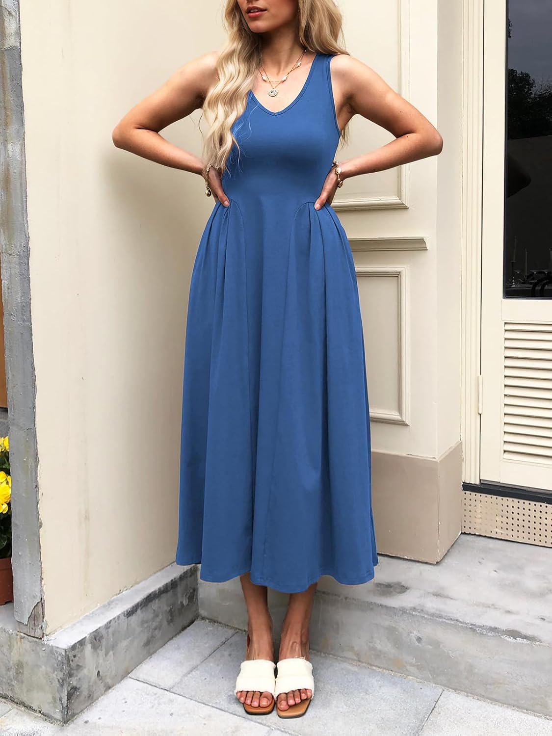 Women Summer Sleeveless Casual Dresses Pleated Waist Elegant Midi A-Line Flowy Swing Dress Sundress with Pockets - Image 2
