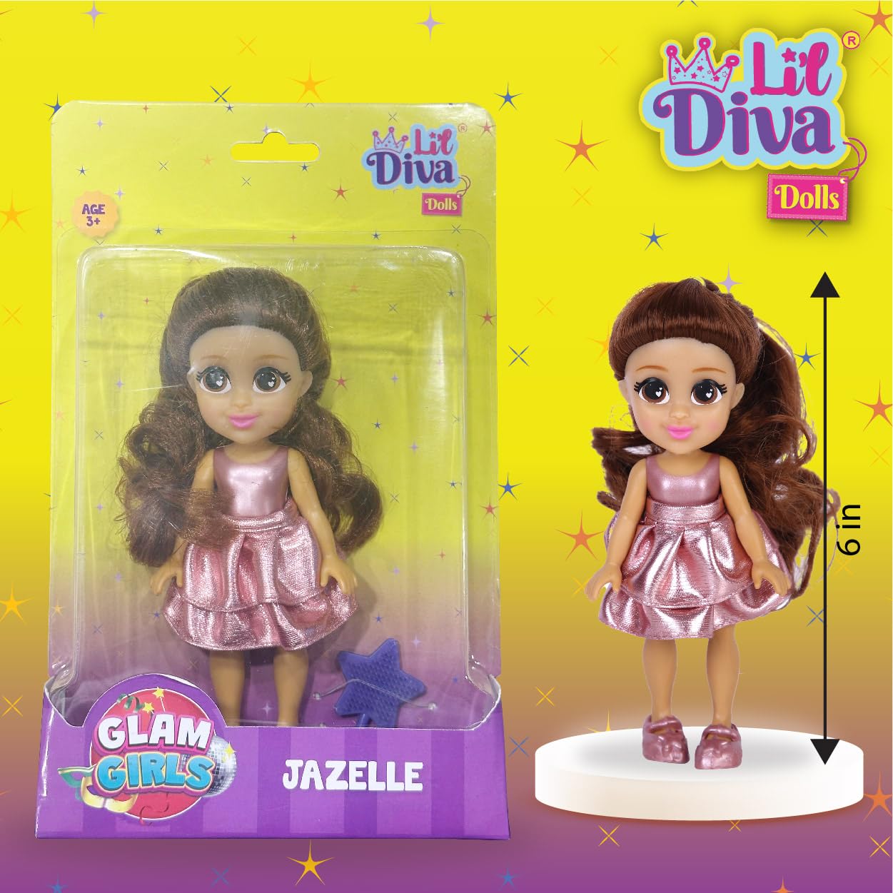 Lil Diva Dolls 6" Glam Girl Jazzelle Doll for Girls|Soft Movable Body with Realistic Features|Birthday Gift for Kids 3+ Years|Early Learning Toy for Girls|Ideal Gift for Birthdays & Special Occasions 1