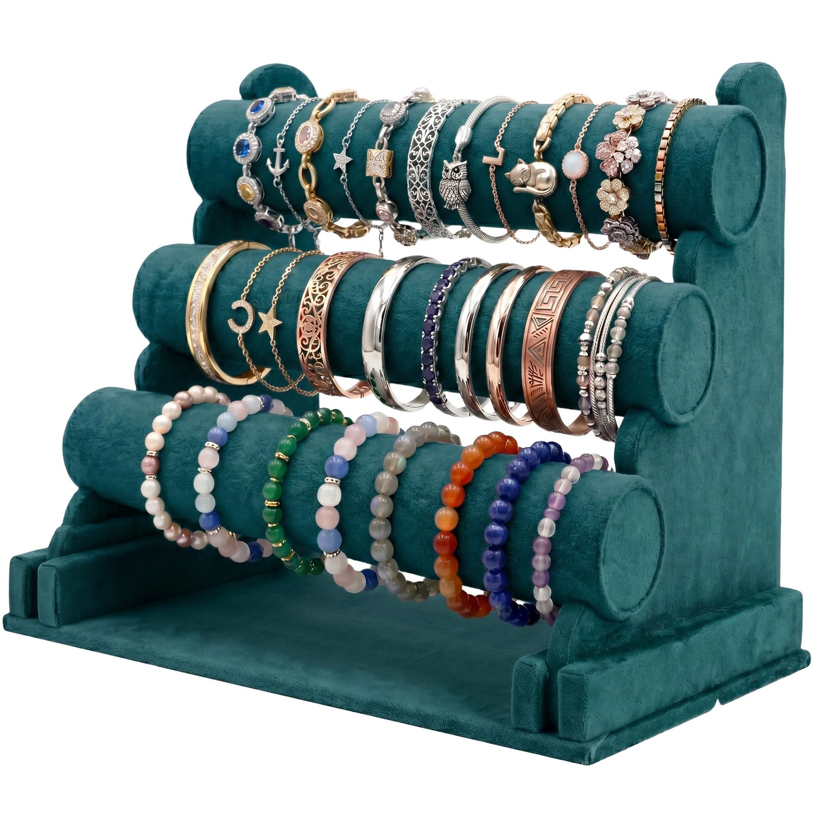 powerking Soporte organizador de joyas de terciopelo verde, soporte de exhibición de pulseras desmontable de 3 niveles y soporte, organizador de exhibición de joyas para reloj de pulsera