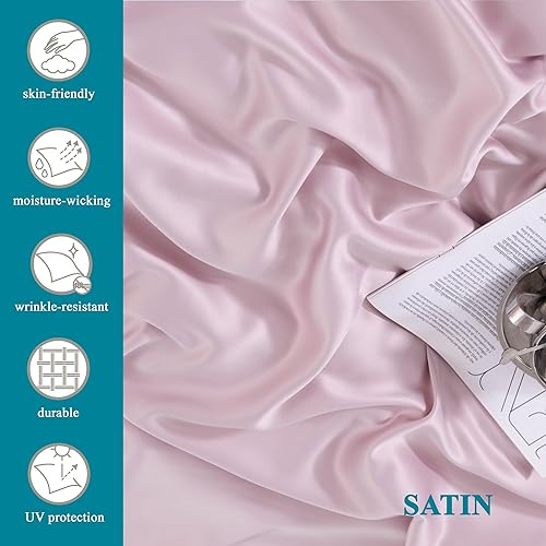 Miniatura 3 de MISERRO Juego de sábanas de tamaño California King, 100% satén, 4 piezas, como la seda, bolsillo profundo de 18 pulgadas (CaliforniaKing, rosa)