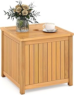 Tangkula 2-in-1 Outdoor Side Table with Storage, Acacia Wood Slatted Coffee Table with Umbrella Hole & Removable Base, Square Slatted End Storage Box for Backyard, Poolside