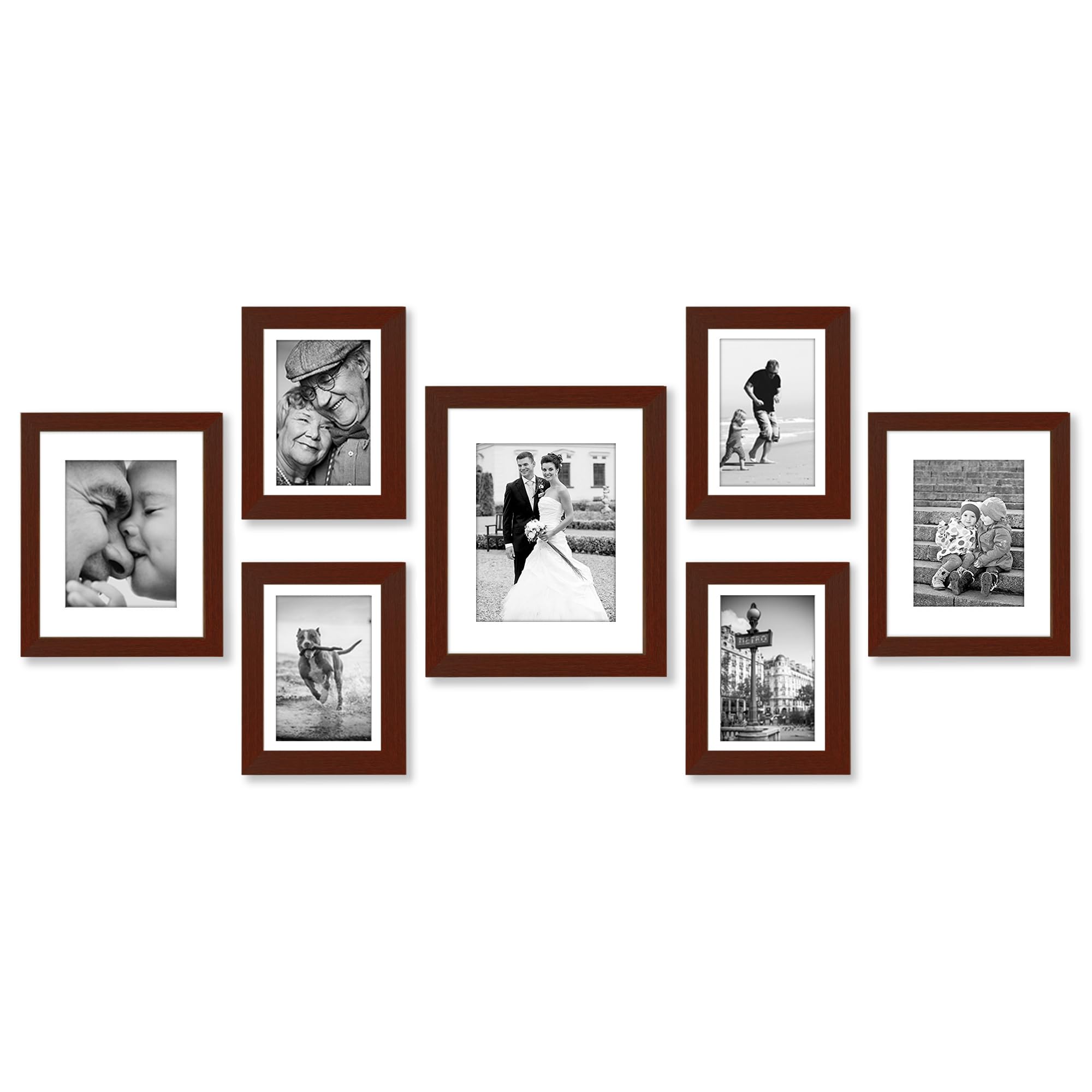 Americanflat Set of 7 Picture Frames with Shatter-Resistant Glass - Gallery Wall Frame Set with One 11x14, Two 10x8, and Four 7x5 Photo Frames for Wall and Tabletop - Mahogany