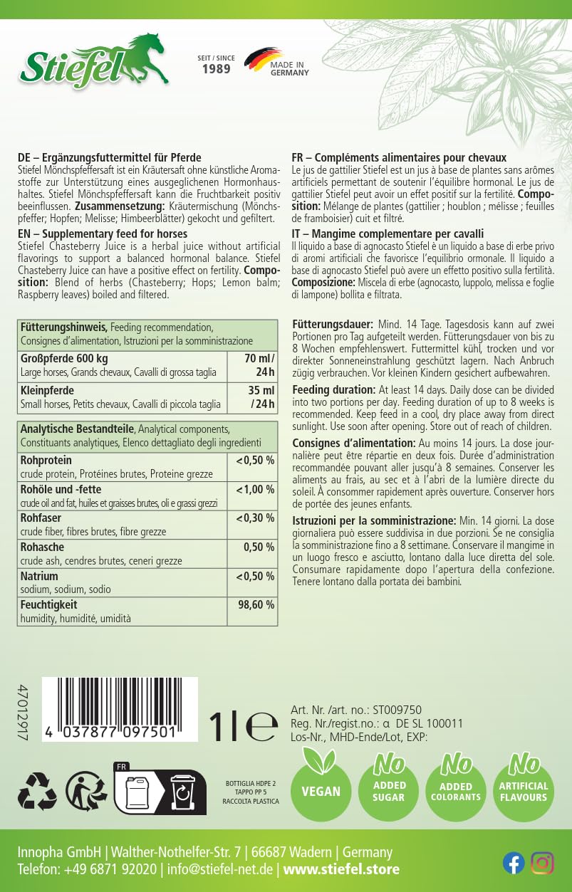 Stiefel Jus de poivre moine pour chevaux à partir d'un mélange d'herbes 100 % naturel, pour un soutien nutritionnel dans des phases particulières de la vie, flacon doseur 1 l