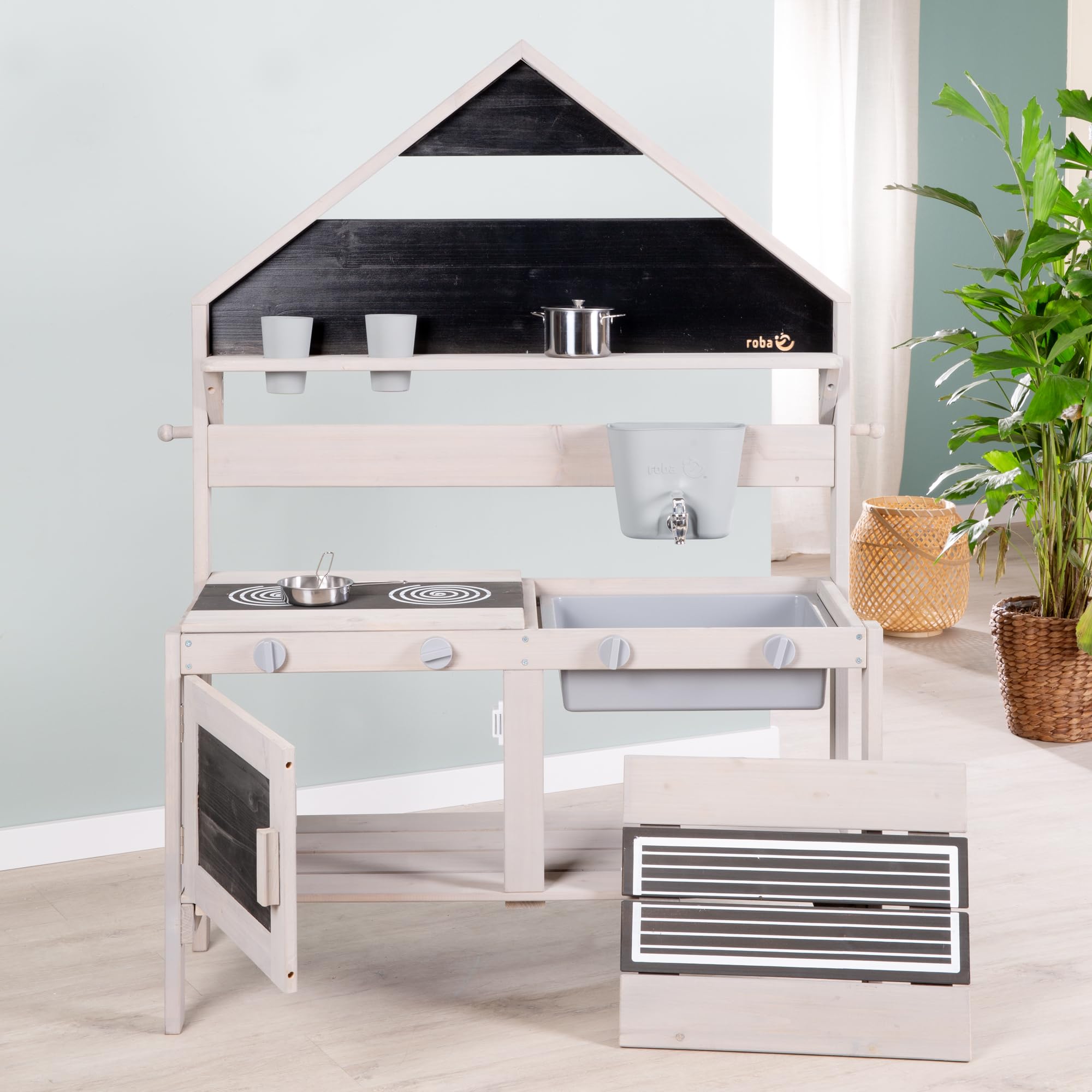 roba Cocina para Niños con Diseño de Casa - Cocinita de Juego Funcional para Exteriores con Accesorios - Madera Maciza Certificada FSC - Gris Esmaltado