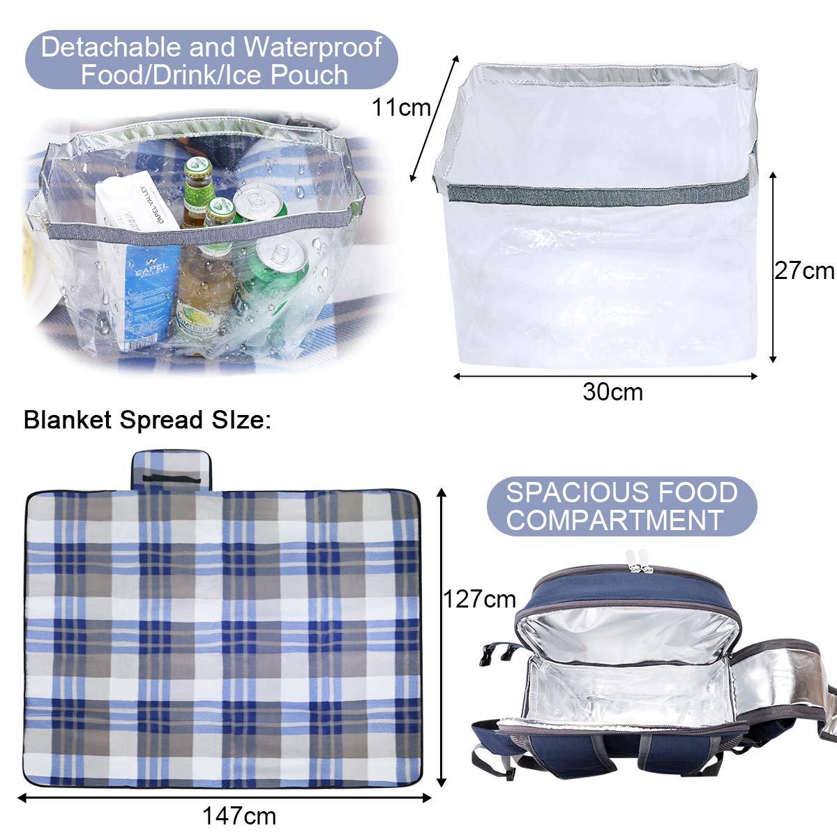 Sunflora Zaino da Picnic 4 Persone con Coperta, Borsa da Picnic con Custodia Cestino da Picnic per 4 Persone Impermeabile Isolata per il Camping Esterno della Famiglia (Blu Navy)