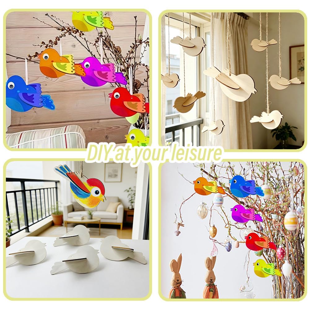 Vogel Bastelset 48 Set Kinder vögel Holz basteln Holzanhänger Bemalen Holzausschnitte Vögelchen Holzdeko holzscheiben für Fensterdekoration Wandanhänger deko Partydekoration Geschenkidee