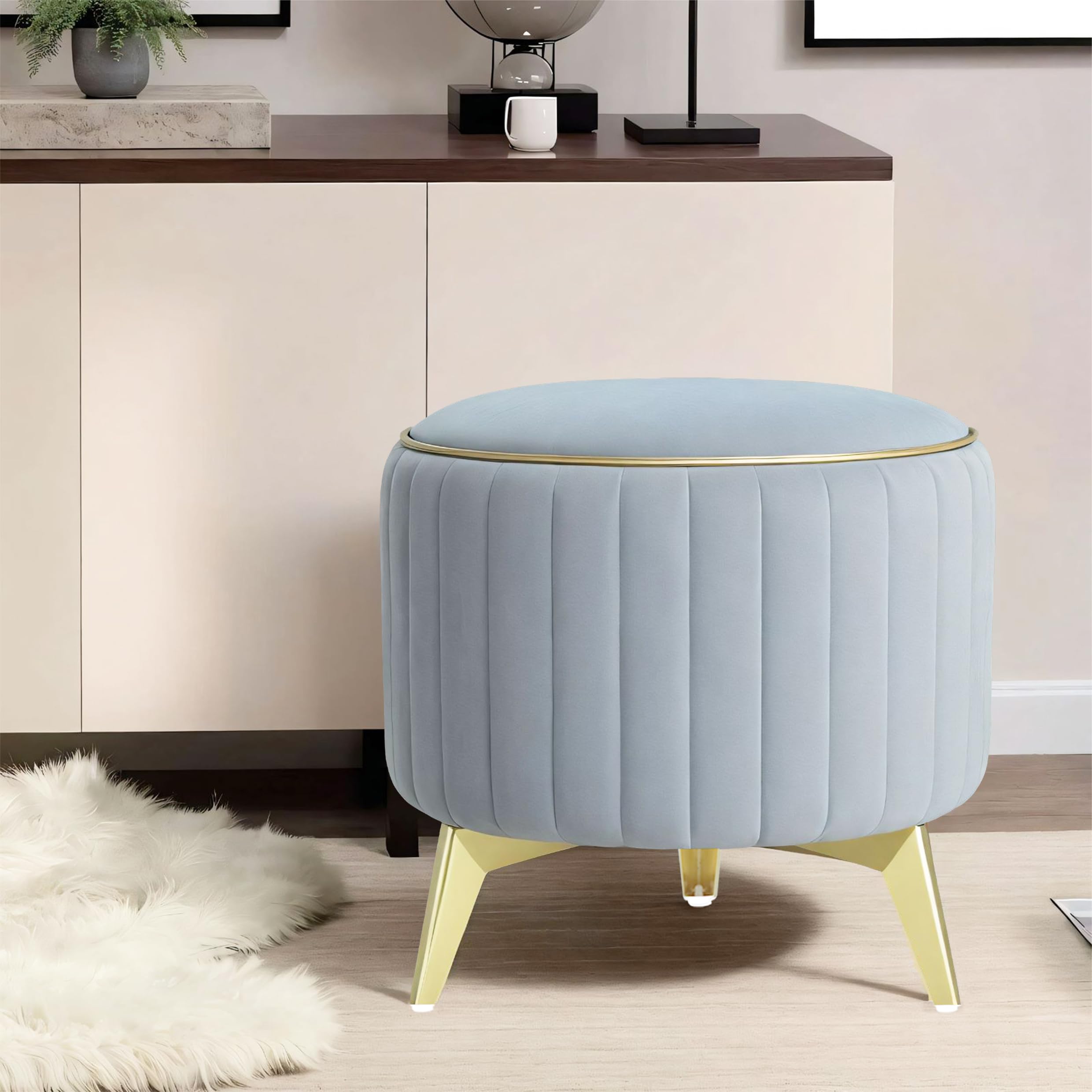 Adorn India Olivia Round 1 Seater Ottoman Pouffe Striped Pattern with Velvet Suede Fabric (Grey)-image-36