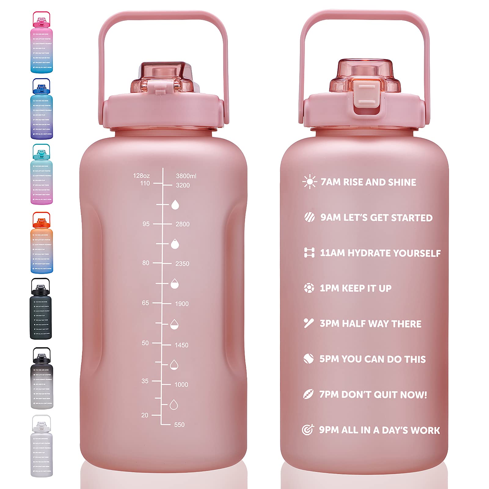 64oz,100oz,128oz Large Motivational Water Bottle with Time Marker, Leakproof & BPA Free Half Gallon Big Water Bottle with Straw Handle Tritan Frosted Water Jug for Gym,Fitness,Outdoor Sports