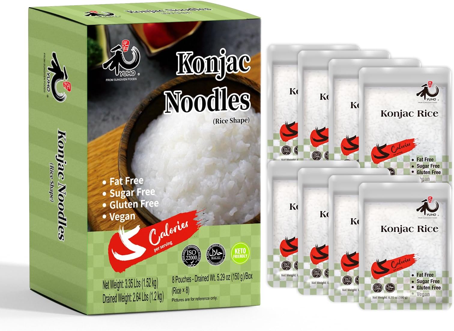 YUHO Shirataki Konjac Keto Rice: Gluten Free Plant Based Low Carbs Vegan Fat Free Noodle Rice - 8 Pack Inside 53.61 OZ