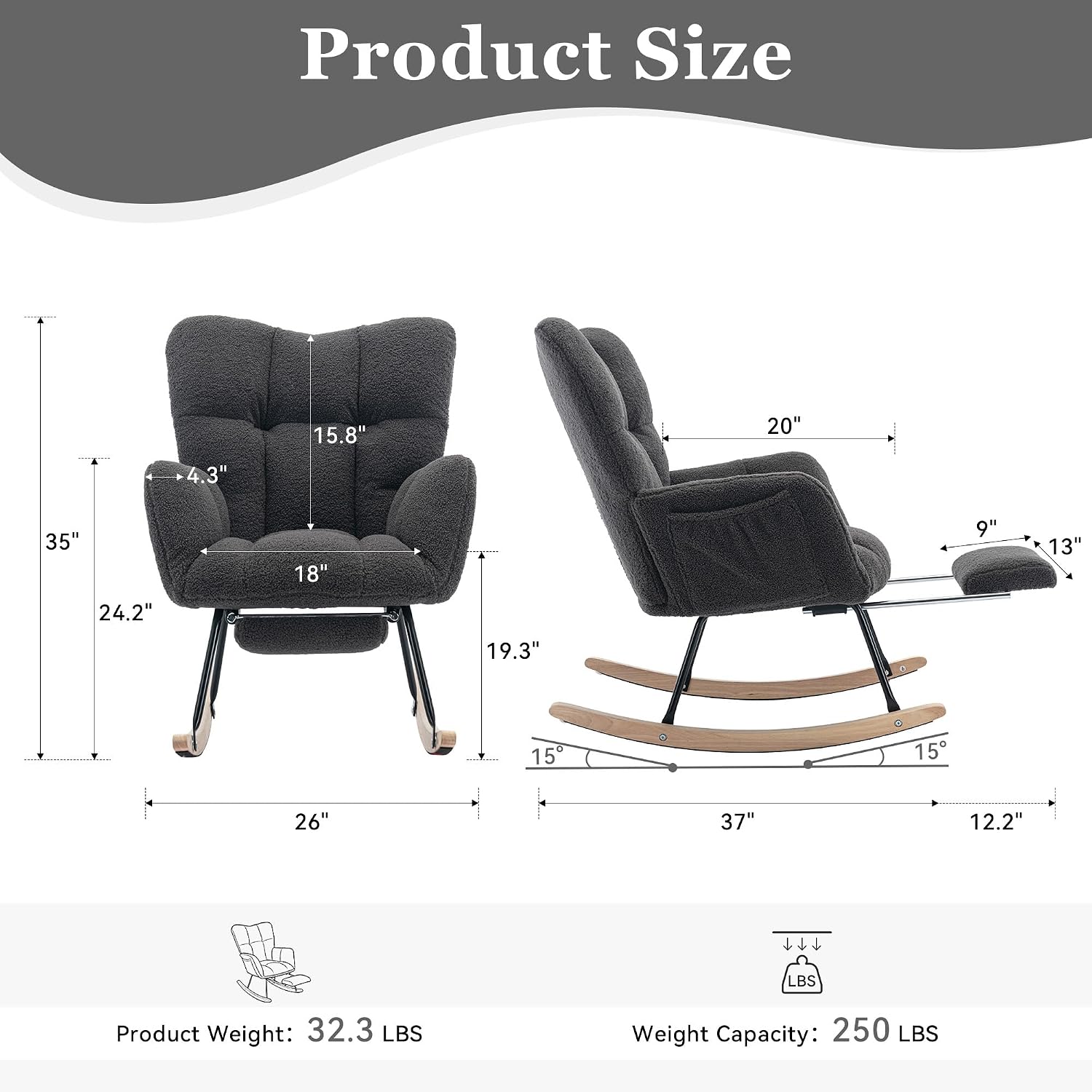 Modern Nursery Rocking Chair Teddy Upholstered, Comfy Glider Rocker with Retractable Footrest Armchair Padded Seat Reading Chair, Accent Side Chair for Living Room Bedroom Offices (Dark Gray-1)