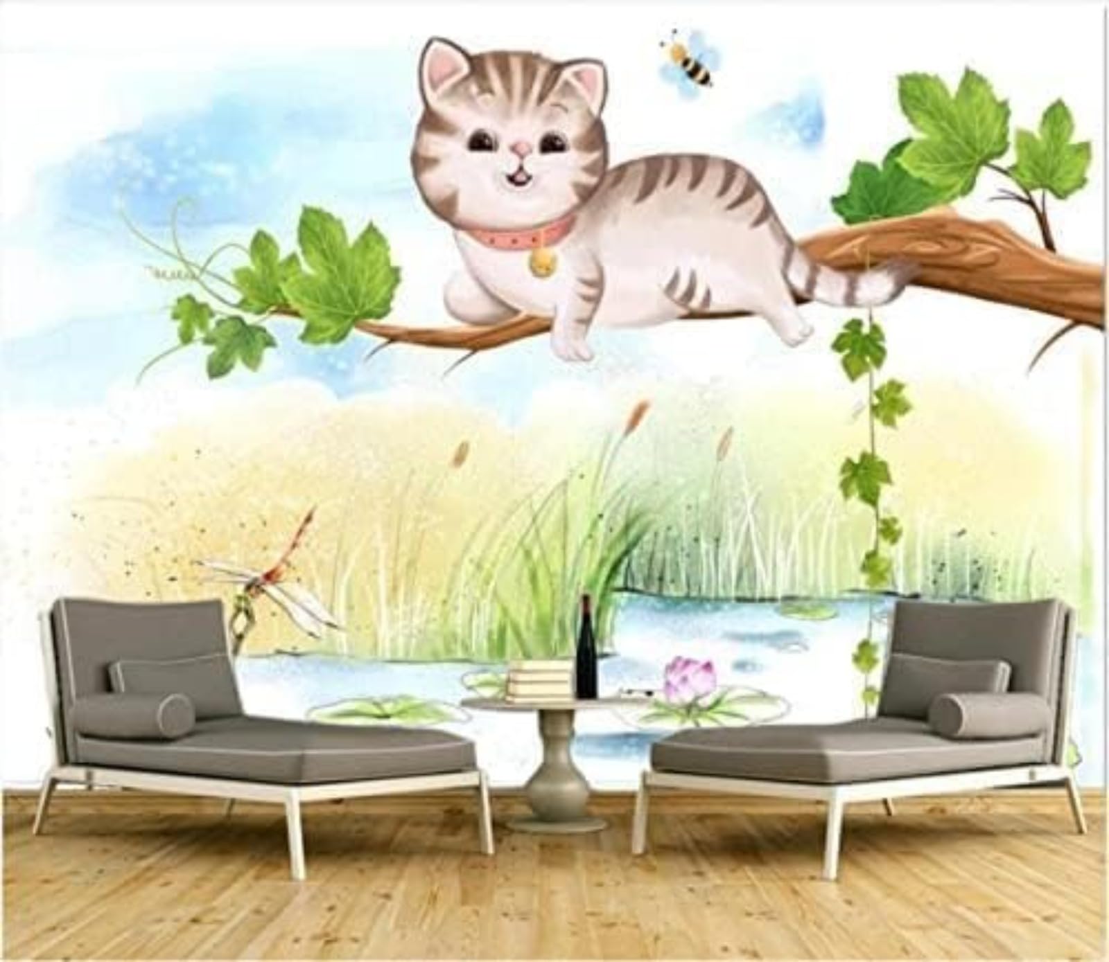 Mural 3D salon moderne chaton 200x140 cm pour habiller un mur de chambre