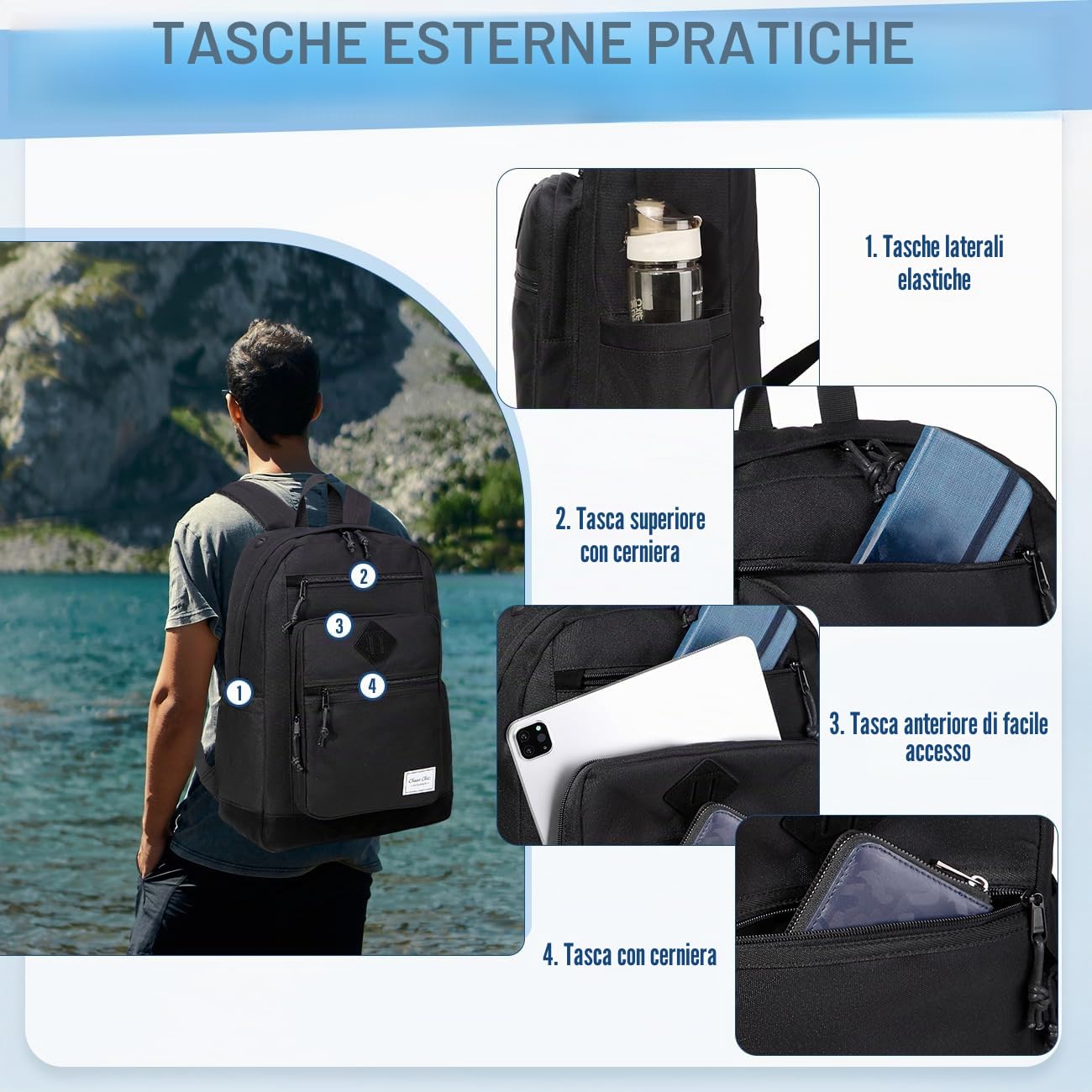 Chase Chic Zaino Uomo Donna, 15,6 Pollici Zainetto Scuola Leggero Zaini Porta Pc Grande Backpack per Università Media Lavoro