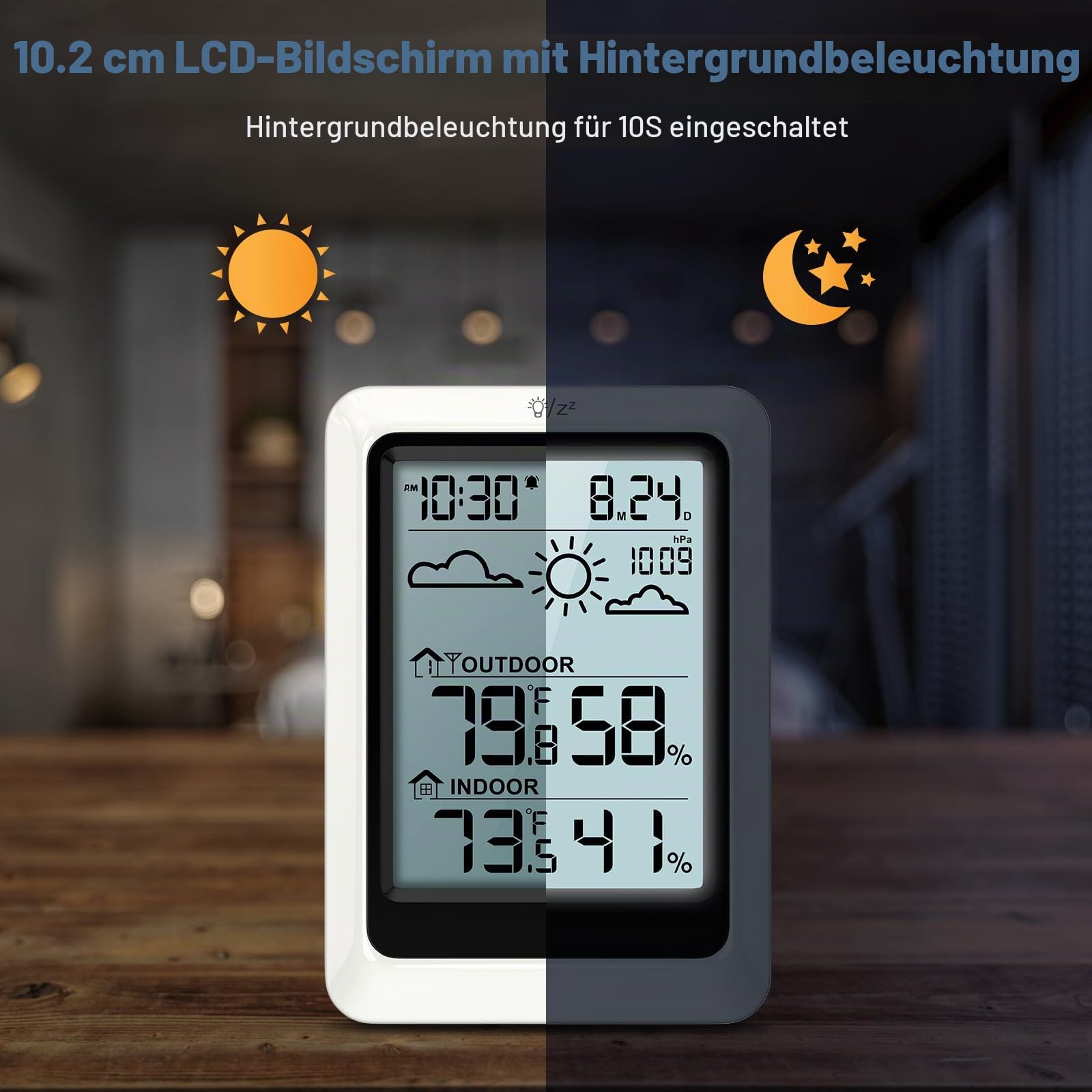 Wetterstation Funk mit Außensensor, Funkthermometer mit Wecker, Außen Innen Thermometer Hygrometer Raumthermometer Funk,Digital Raumthermometer