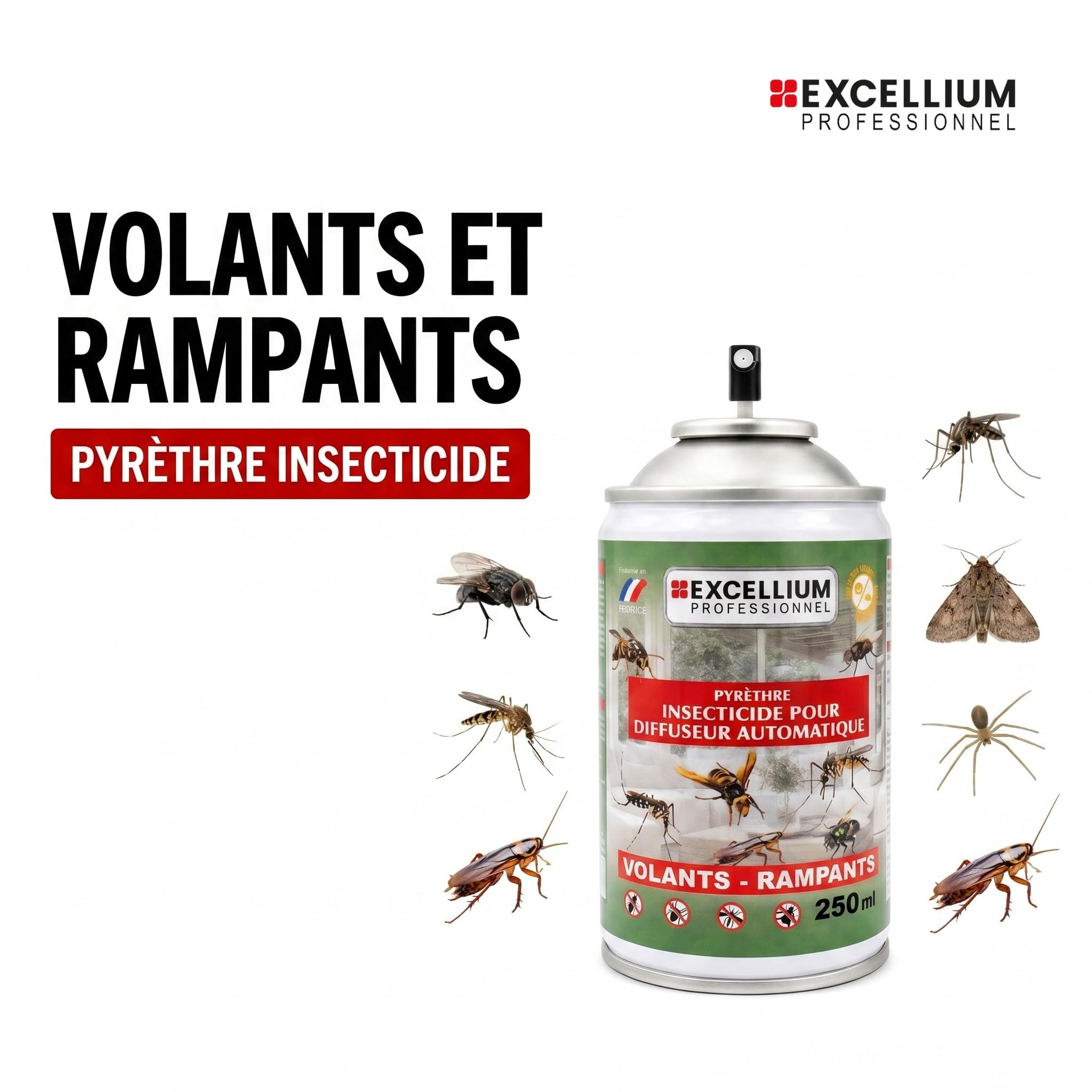EXCELLIUM PROFESSIONNEL Kit Diffuseur Automatique Insecticide 250 ml | Programmable, télécommande incluse, pyrèthre, volants et rampants, jusqu'à 2500 pulvérisations, environ 3 mois, 30 m²