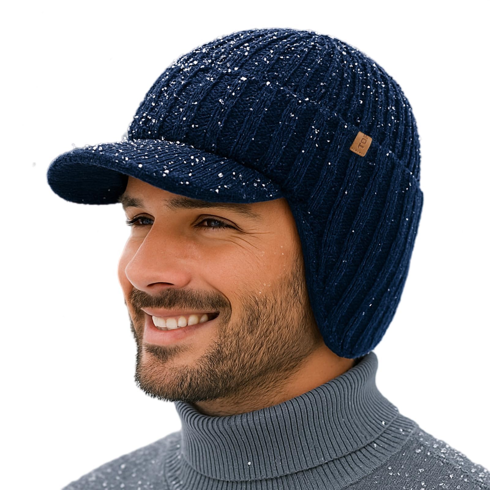 TOP-EX DryKnit - Gorro de lana merino impermeable 80% para hombre, con orejeras y forro polar, gorro térmico de invierno con ala resistente al viento para golf, correr, M/L, azul marino