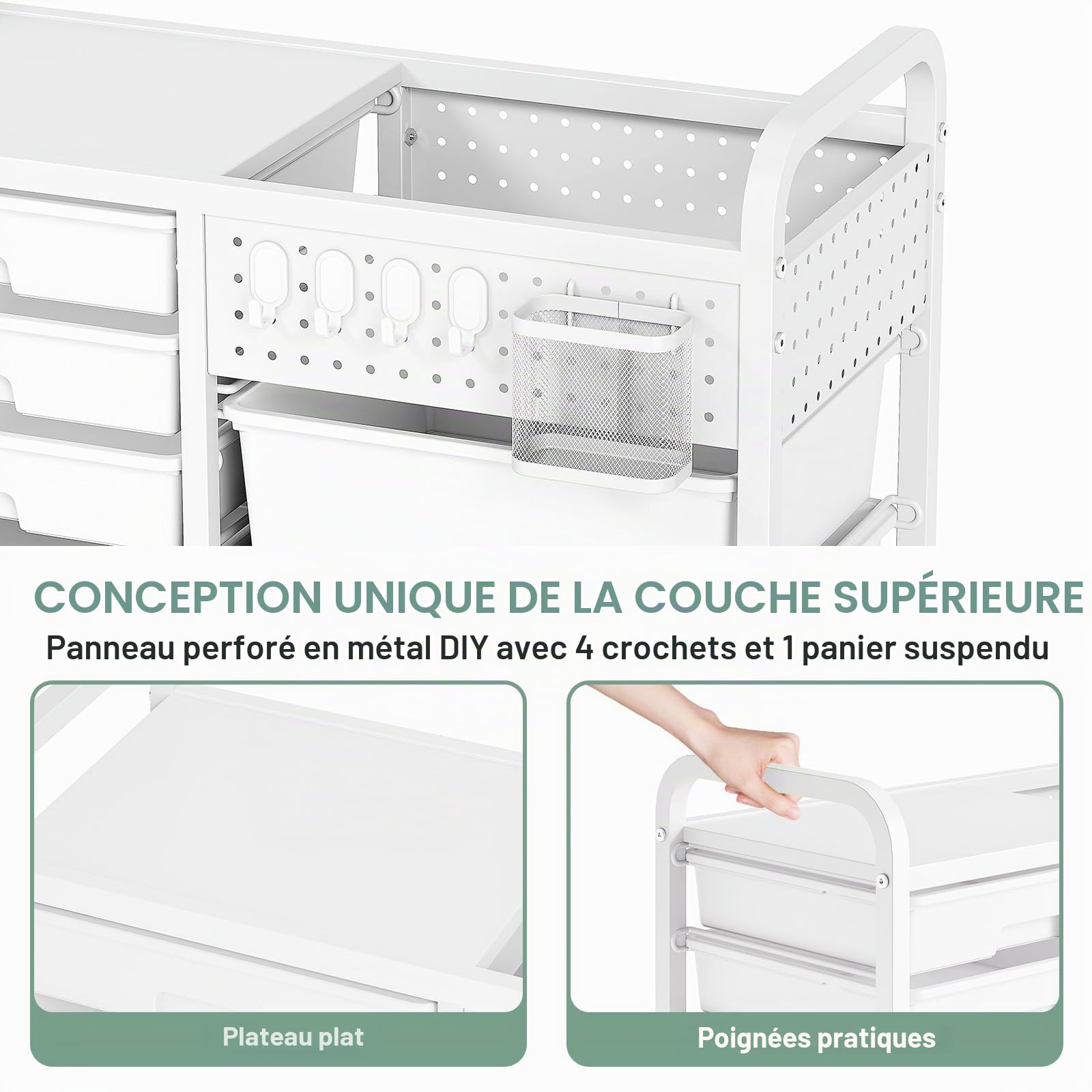 Chariot de rangement à 14 tiroirs avec plateau perforé - Chariot à roulettes pour salle de bain - Chariot à tiroirs avec roues et poignées pour atelier, bureau, cuisine - Blanc