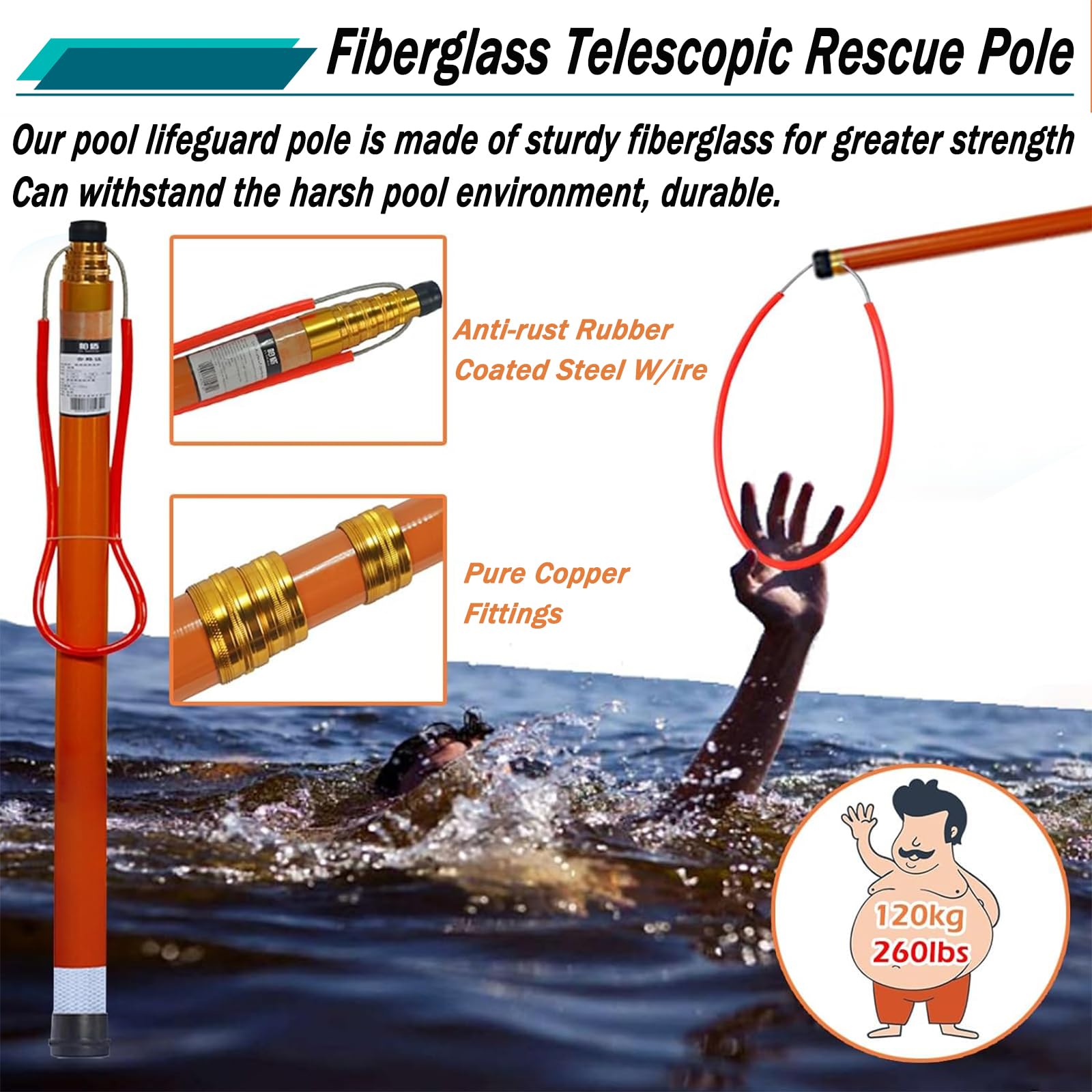 Gancho telescópico de Rescate para Piscinas con pértiga, pértiga Ajustable de Alta Resistencia de 4,9 a 9,1 Metros, Gancho de Seguridad de Fibra de Vidrio para Piscinas, Equipo especializado