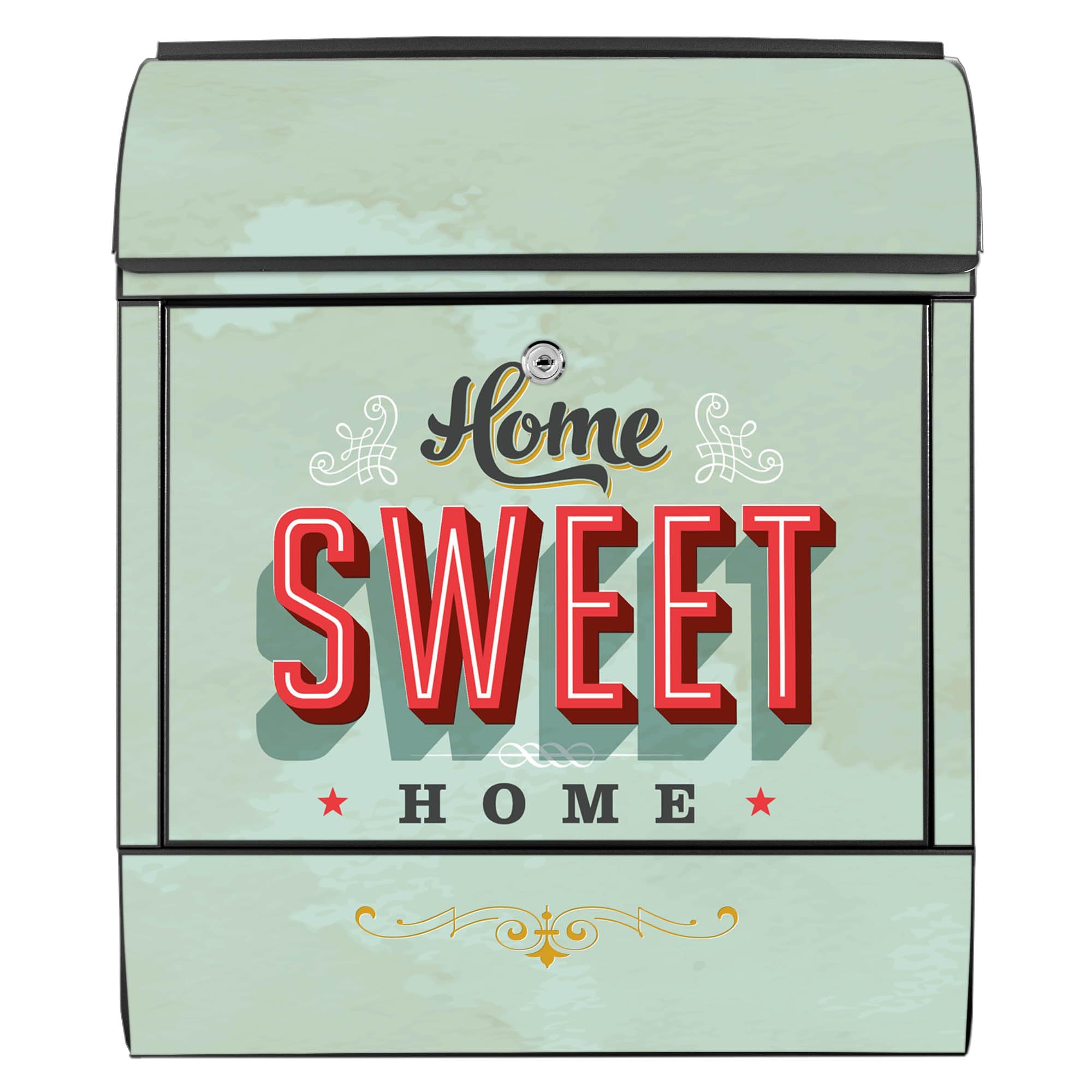 banjado Design Briefkasten 38,5x46,5x13cm & 2 Schlüssel - Briefkasten Stahl Schwarz mit Zeitungsfach pulverbeschichtet - Postkasten A4 Einwurf inkl. Montagematerial - Motiv Home Sweet Home