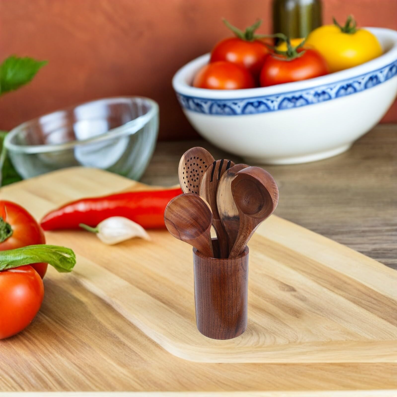 Mobestech Drewniany Zestaw Narzędzi Kuchennych Sztuk z Łyżkami i Łopatkami Ergonomiczne Antypoślizgowe Uchwyty Przyjazny dla Powłok Nieprzywierających z Pojemnikiem Do Przechowywania Idealny