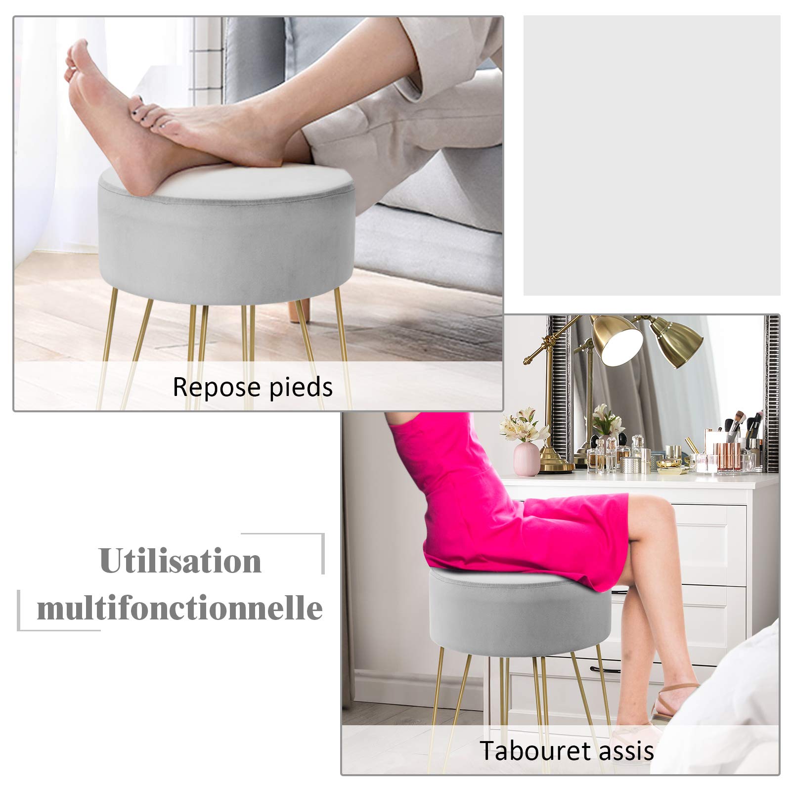 COSTWAY Siège de Coiffeuse Rembourré, Pouf Repose-Pieds Moderne Rond, Tabouret en Velours avec Pieds Métalliques Robustes, pour Salon, Chambre (Gris)