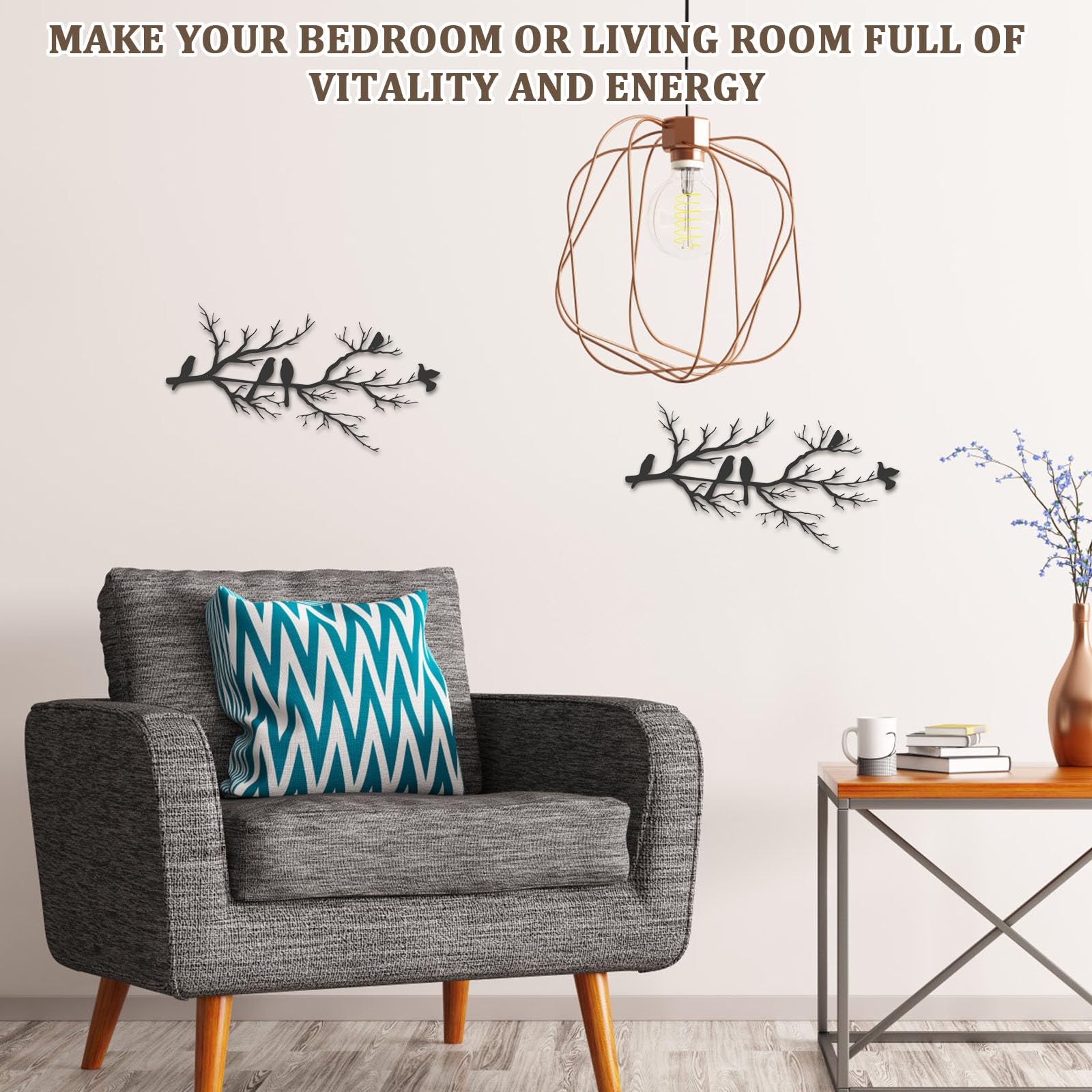 5 Décorations Murales Métal Noir Oiseaux Sur Branche – Pour Intérieur/extérieur, 35x17 Cm Environ