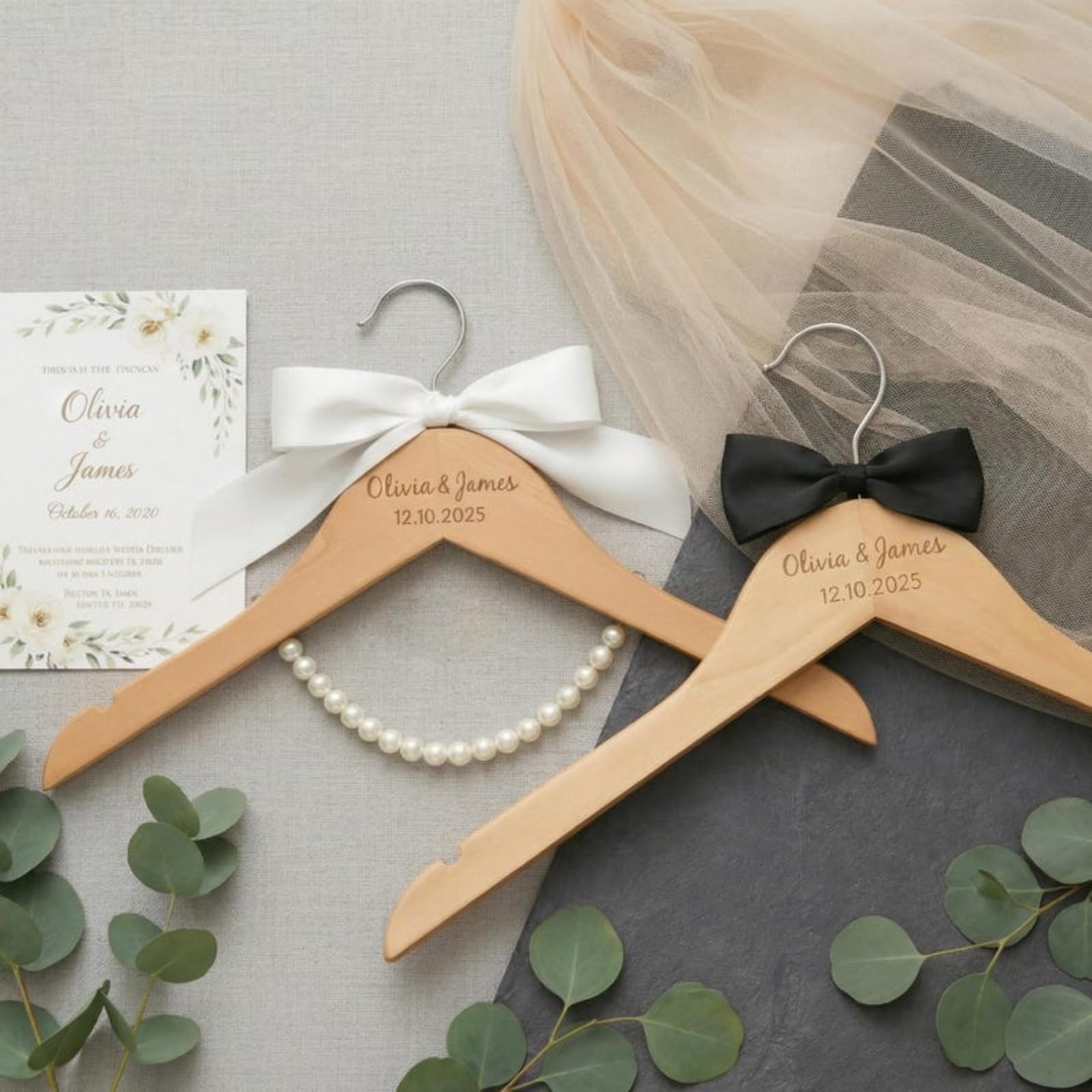 Personalized Wooden Bridal Party, Custom Engraved Name Premium White Hangers, Gift for Bride Hanger, Groom Hanger (2 Hangers)