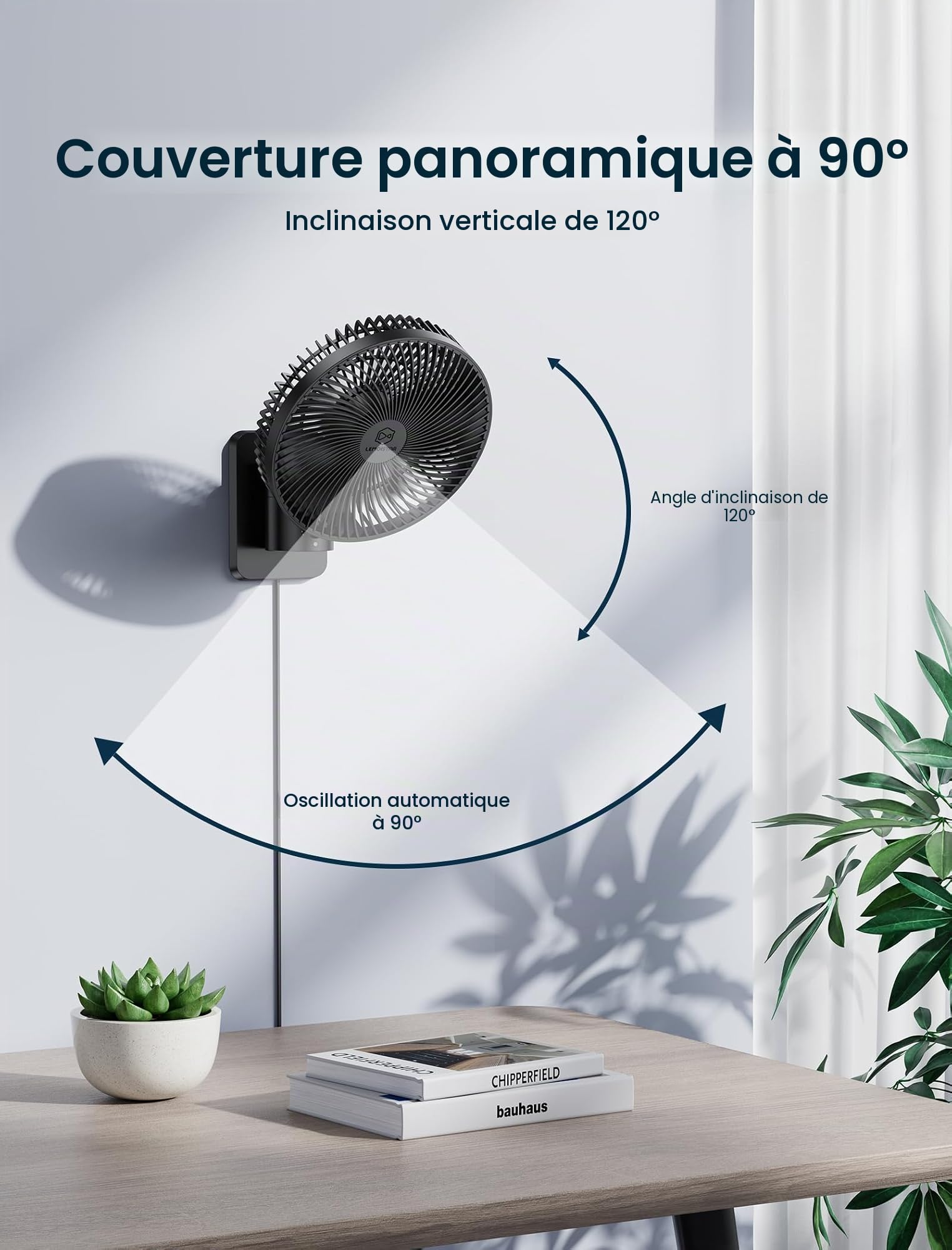 Ventilateur mural oscillant silencieux de 21,6 cm avec télécommande et minuterie, 4 vitesses réglables pour petites salles de bains, rafraîchissement des chambres intérieures pour camping-car
