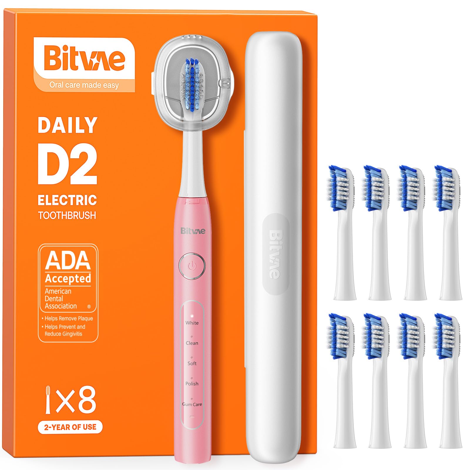 Bitvae D2 Electric Toothbrush, Certified by the American Dental Association - ADA, 5 Cleaning Modes, 8 Spare Heads, Travel Case and Support, 60 Days Autonomy, Pink