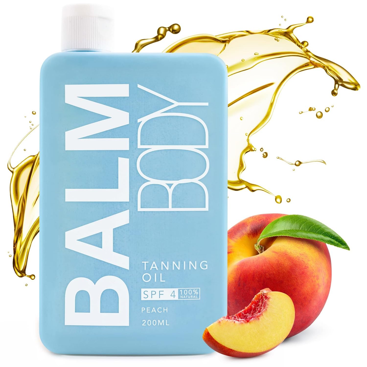Balm Body Tanning Oil - SPF 4 Sun Tan Lotion with Natural Carrot Extract, Vitamin A, C, E - Vegan Formula for All Skin Types - Moisturizing & Hydrating Body Oil for Women & Men - 200ml, Peach Scent