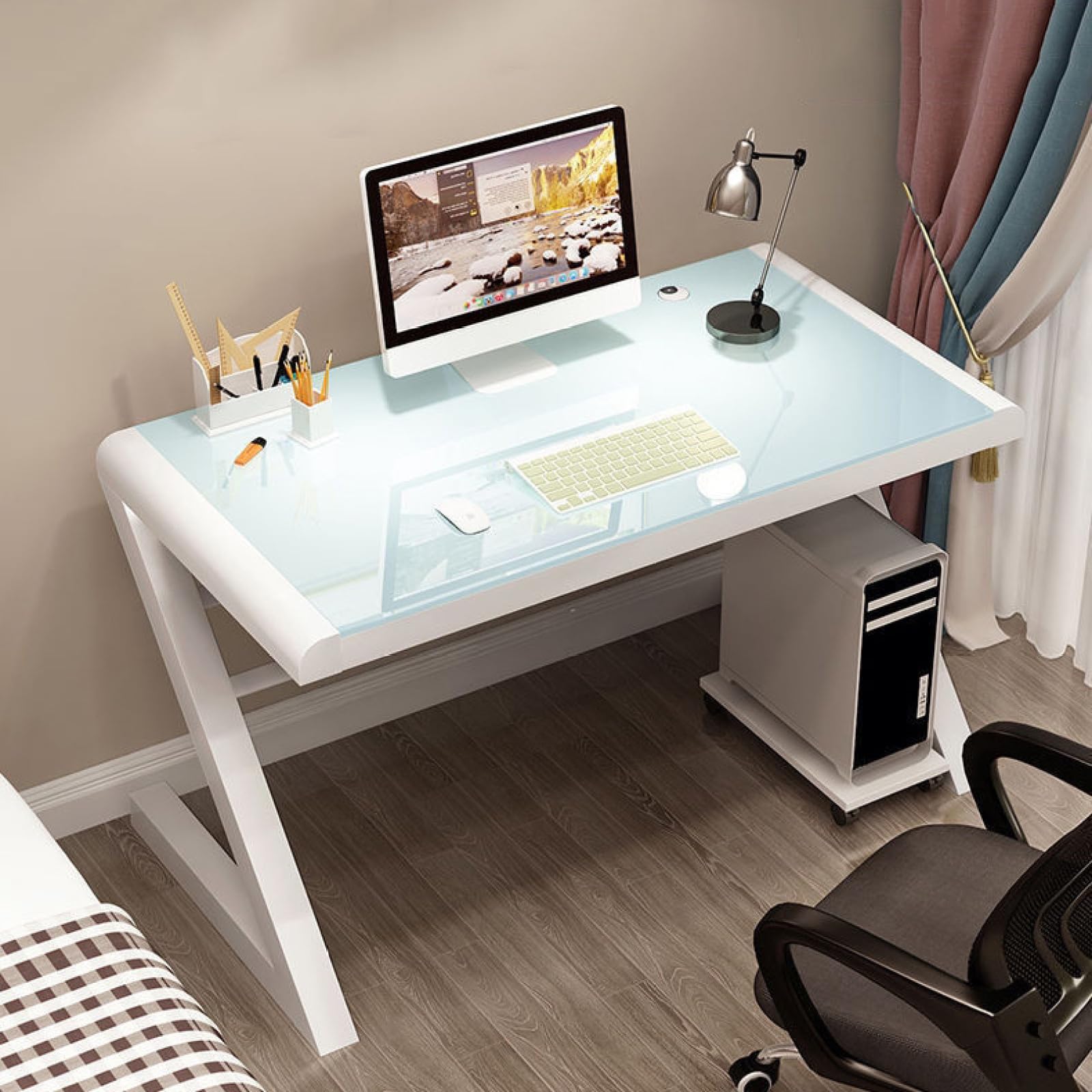 Scrivania per computer in vetro temperato, moderna scrivania da gioco per casa e ufficio, tavolo da studio per PC portatile, postazione di lavoro per casa e ufficio, 119 cm