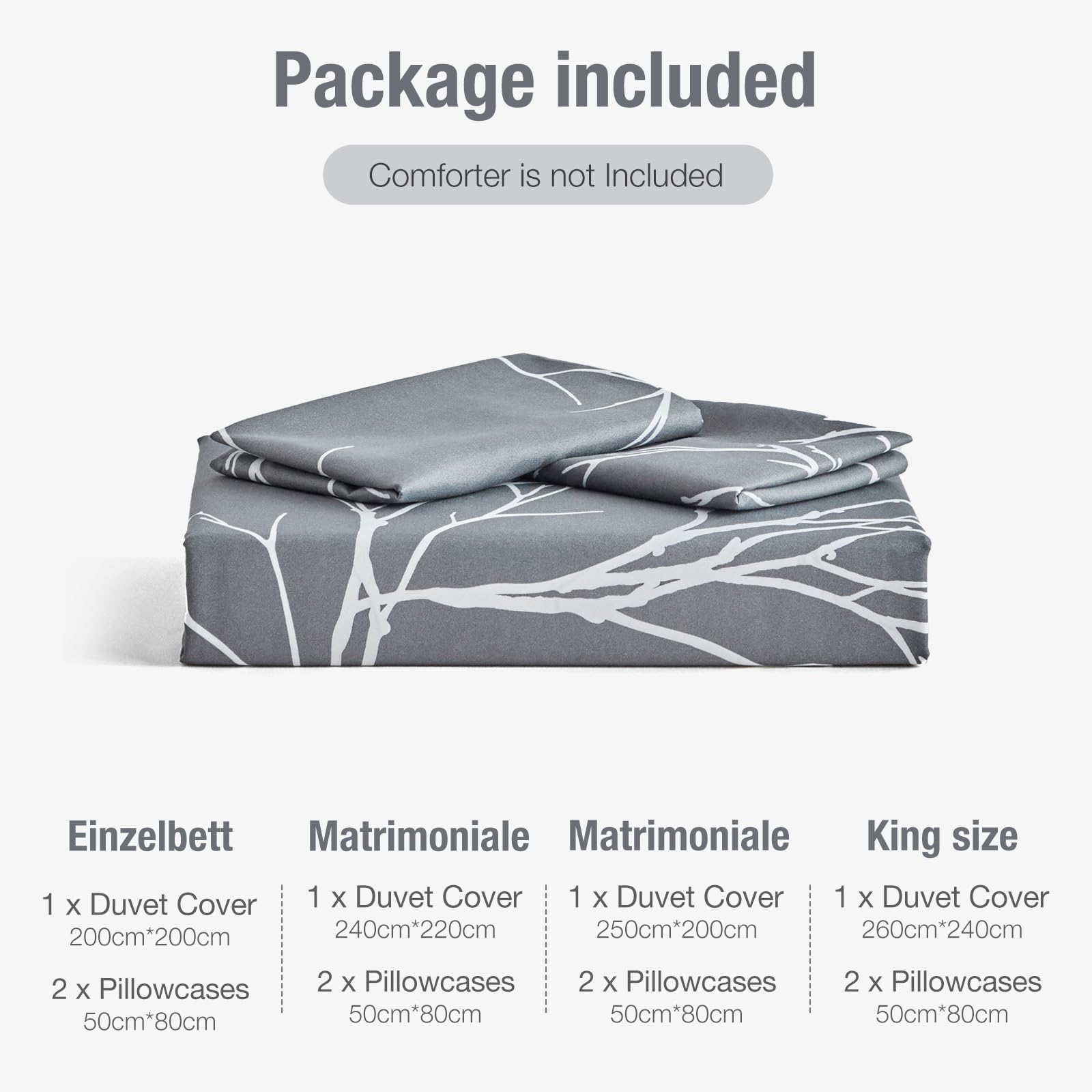 Tokokimo Set Copripiumino Matrimoniale 240x220cm, Copripiumino Matrimoniale 3 Pezzi in Microfibra Con Motivo a Ramoscelli e Foglie, Comprendente 1 Copripiumino 240x220 + 2 Federe 50x80, Grigio/Bianco