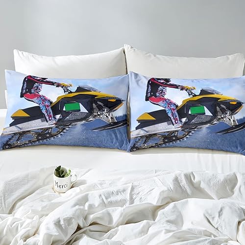 Miniatura 4 de Juego de edredón amarillo de motos de nieve para hombre, tamaño individual, juego de ropa de cama para niños, niñas, adolescentes y adultos, juego